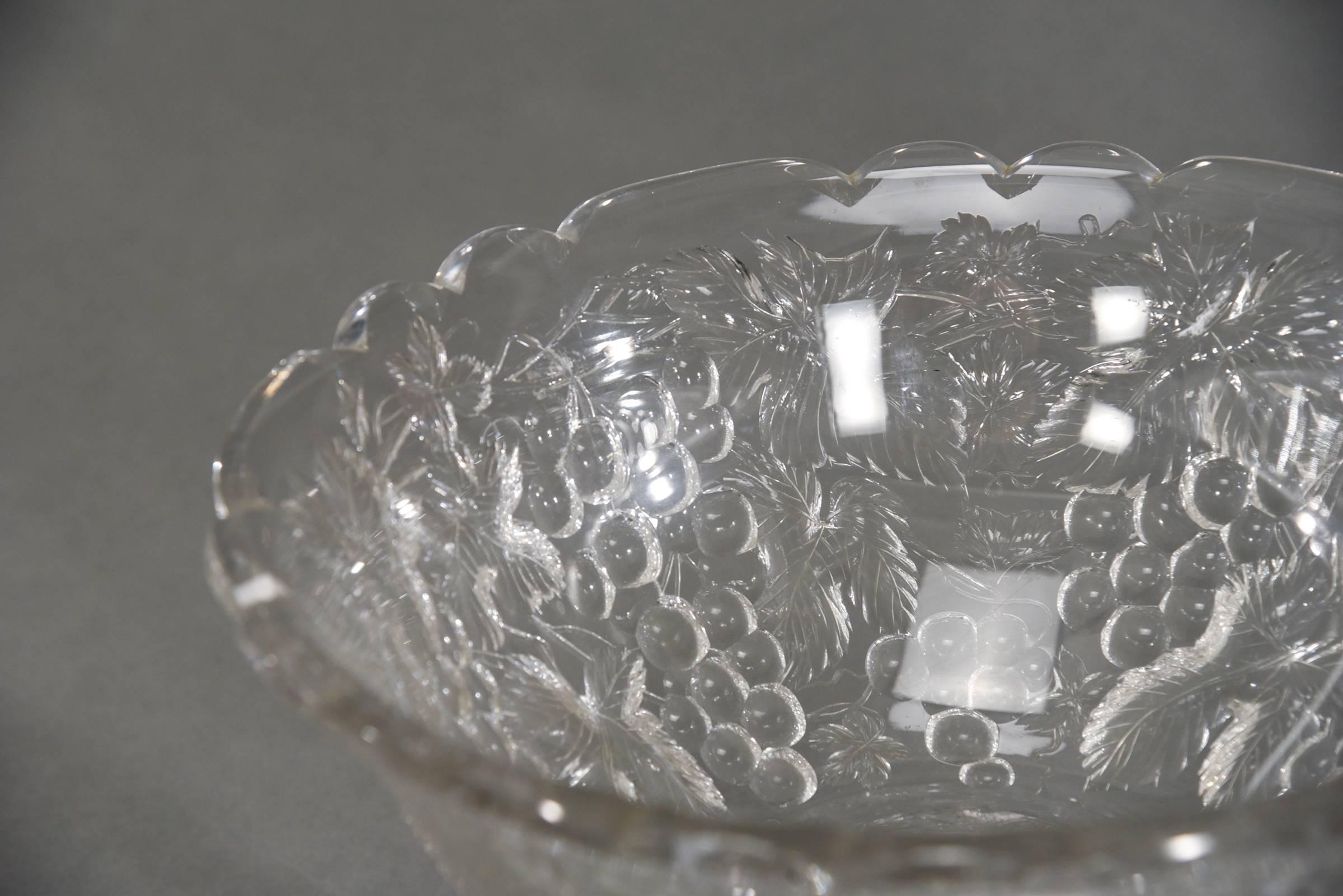 French Hand Blown 2 Piece Intaglio Cut Crystal Punch Bowl with Grape Vine Pattern For Sale