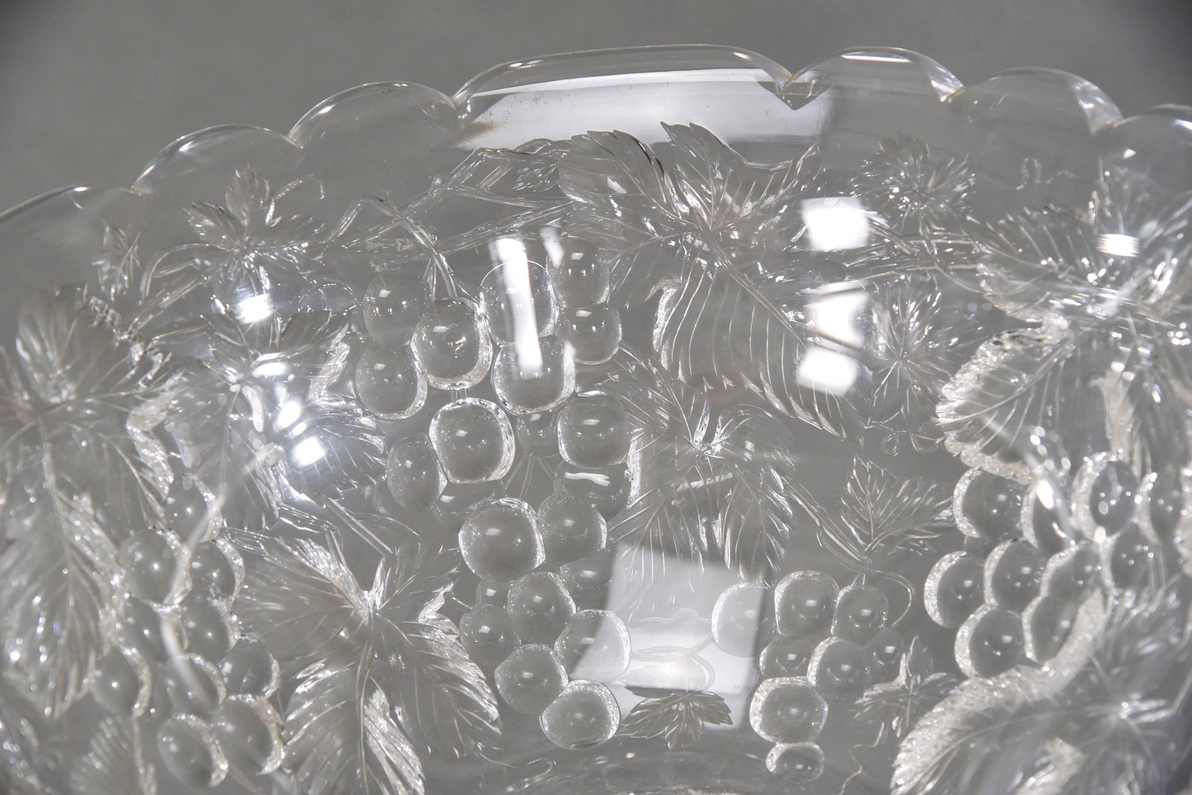 Champlevé Hand Blown 2 Piece Intaglio Cut Crystal Punch Bowl with Grape Vine Pattern For Sale