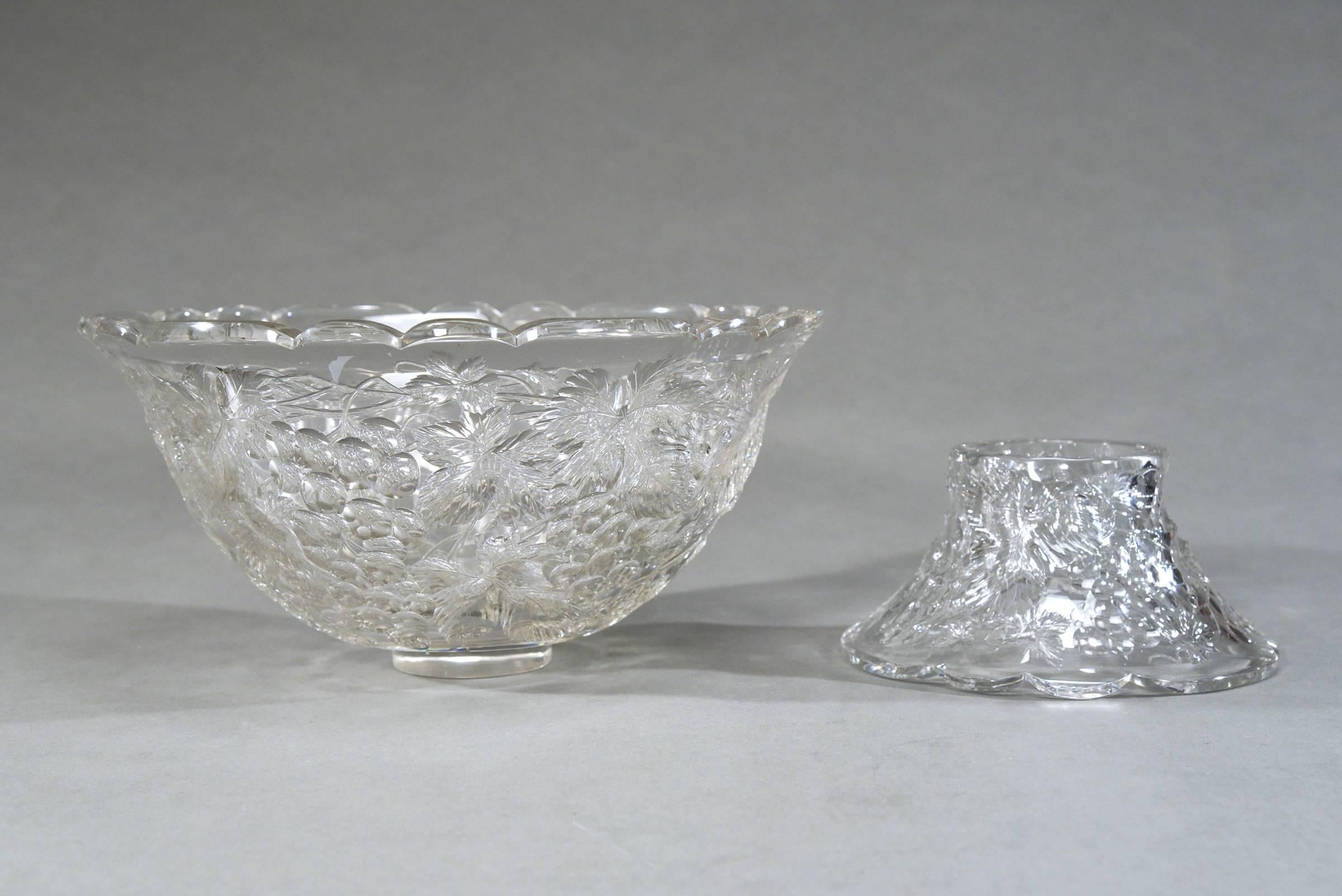 Hand Blown 2 Piece Intaglio Cut Crystal Punch Bowl with Grape Vine Pattern In Good Condition For Sale In Great Barrington, MA