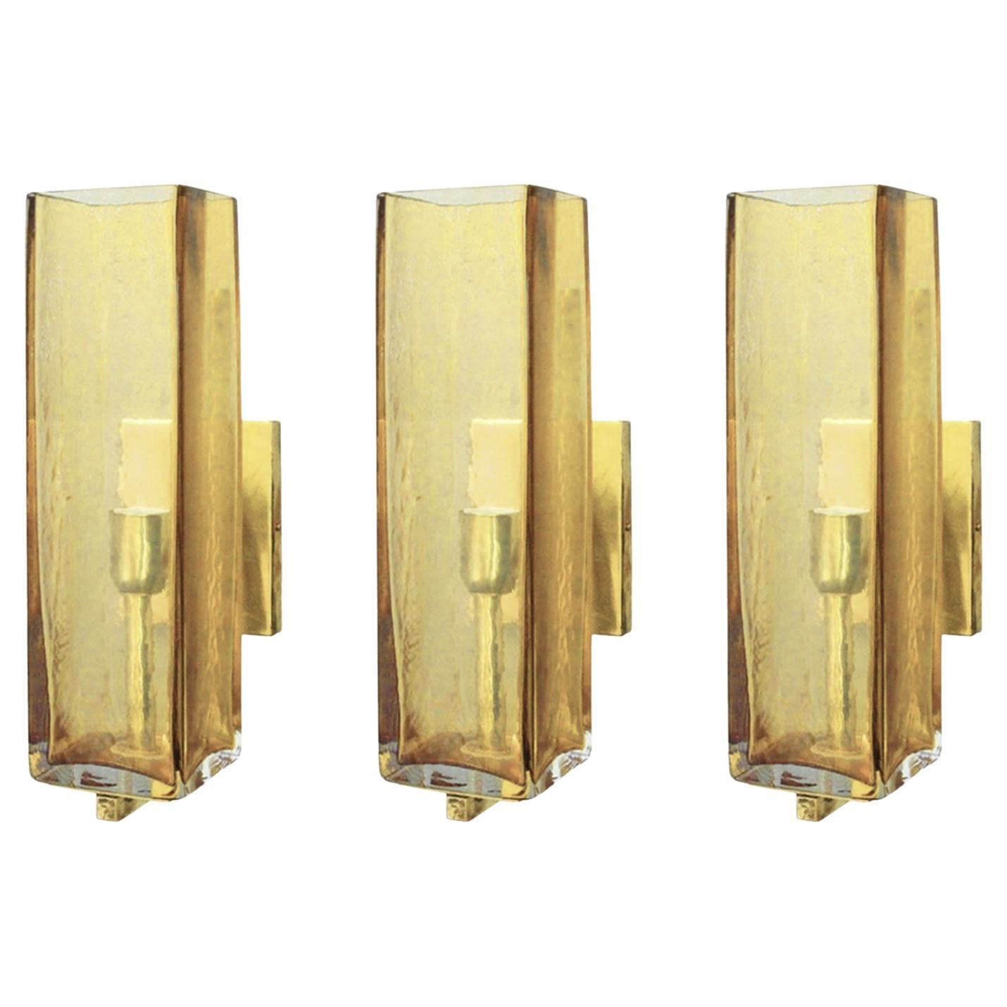Hand Blown Amber Glass & Brass Sconces by Mazzega- Set of Three For Sale