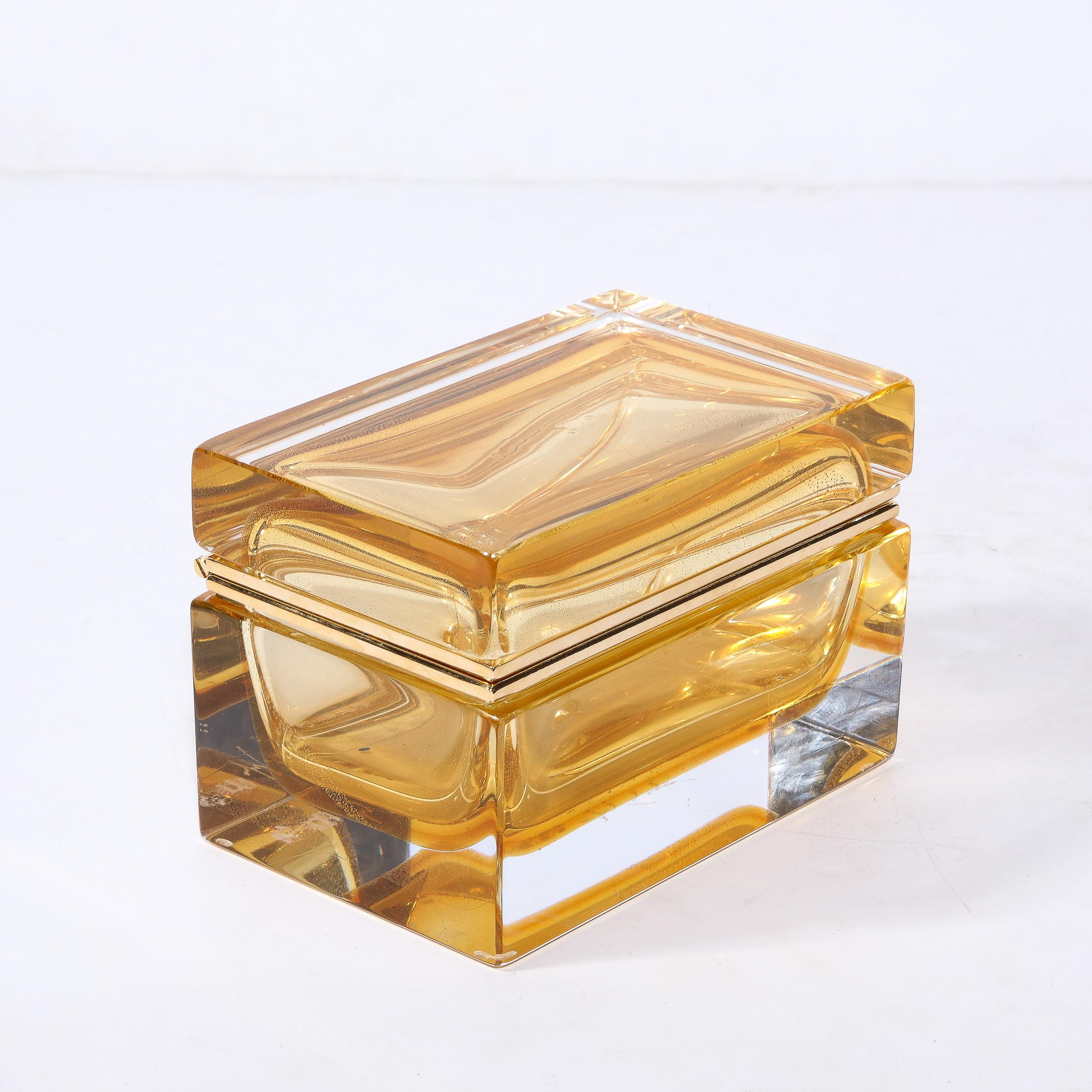 Modern Hand-Blown Amber Murano Glass Box with 24 Karat Gold Flecks For Sale