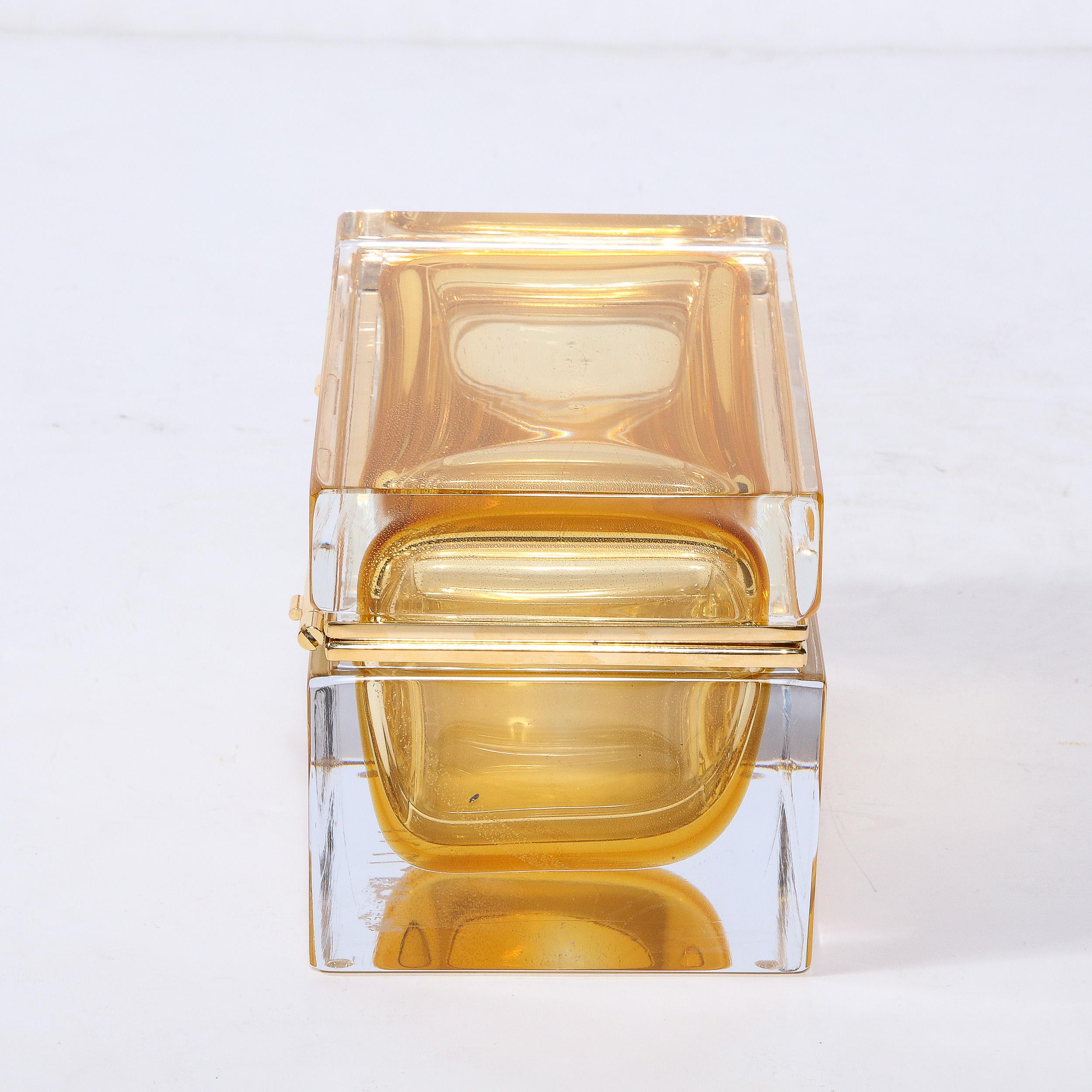 Italian Hand-Blown Amber Murano Glass Box with 24 Karat Gold Flecks For Sale
