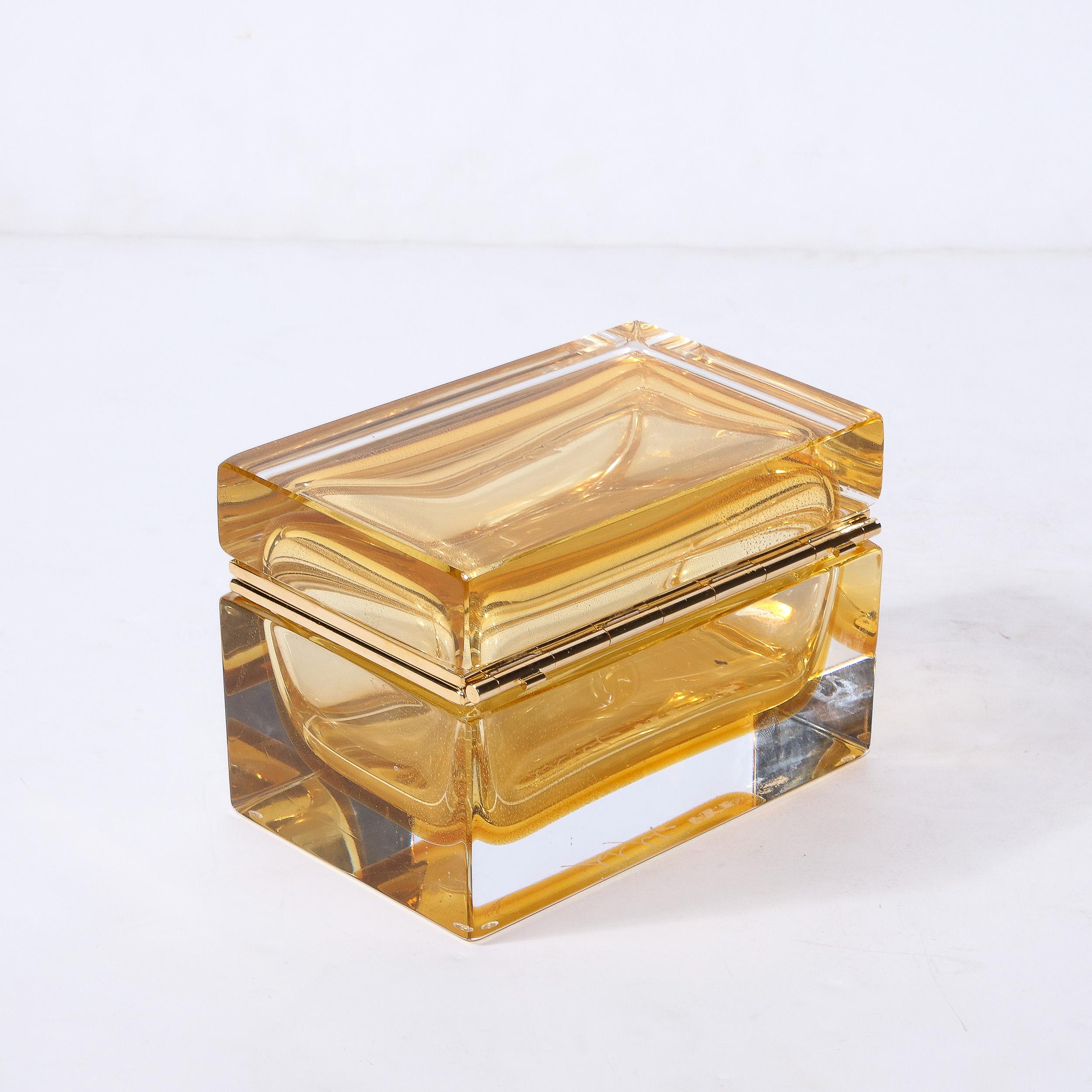 Contemporary Hand-Blown Amber Murano Glass Box with 24 Karat Gold Flecks For Sale