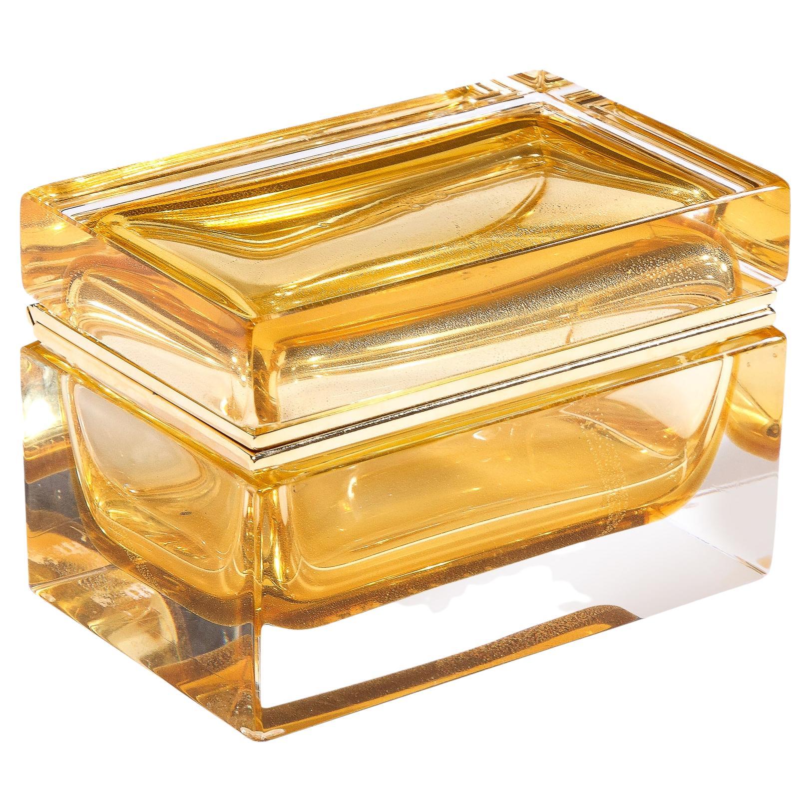 Boîte en verre de Murano ambré soufflé à la main avec des mouchetures en or 24 carats