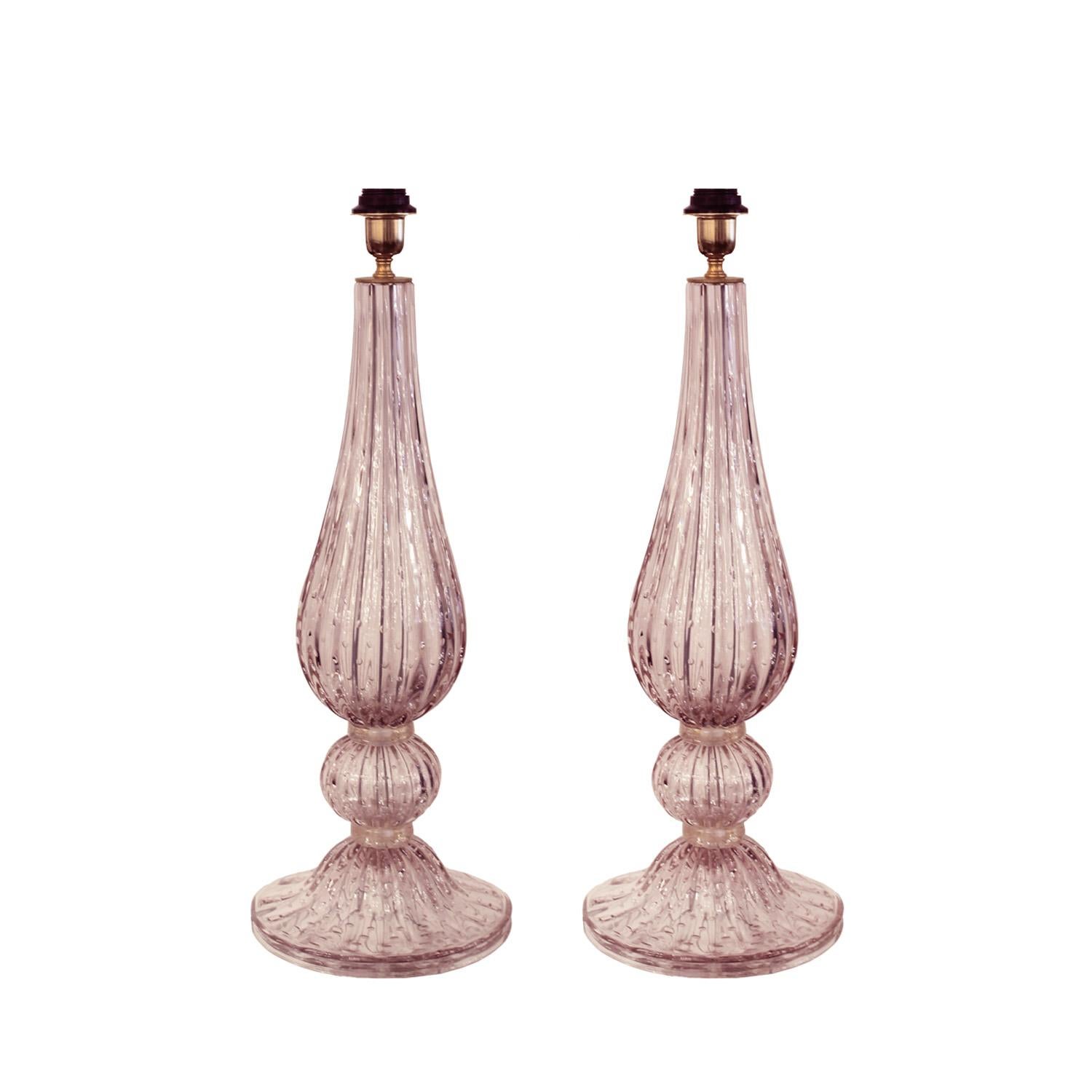 Elegant pair of hand-blown Murano Glass table lamps in clear and amethyst Bullicante glass with brass hardware in the manner of Barovier & Tosso. Italy 2002

Lamp shades sold separately.