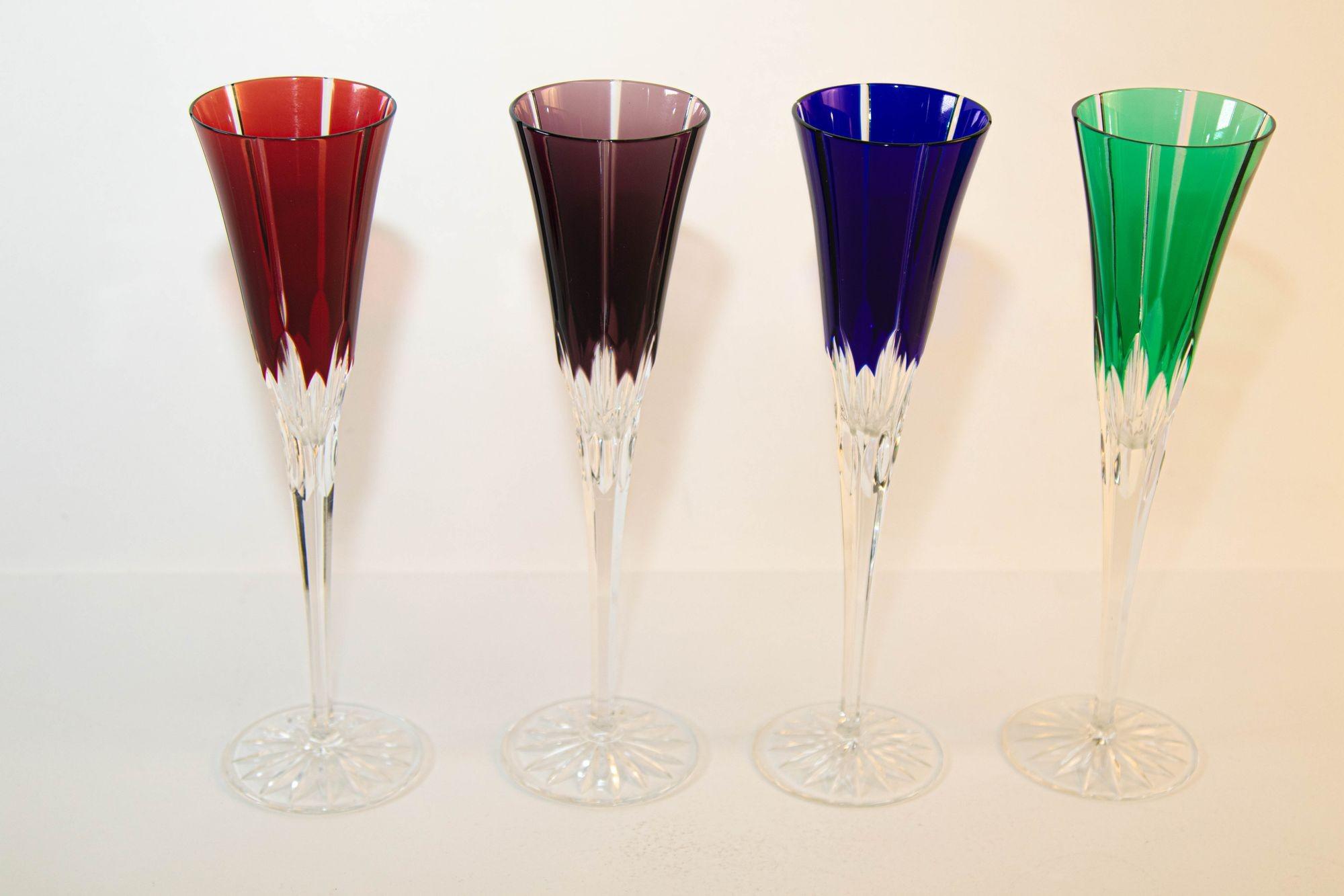 Crystal Champagne Flutes Hand blown and Hand-Cut Colored Glass Set of 4 12
