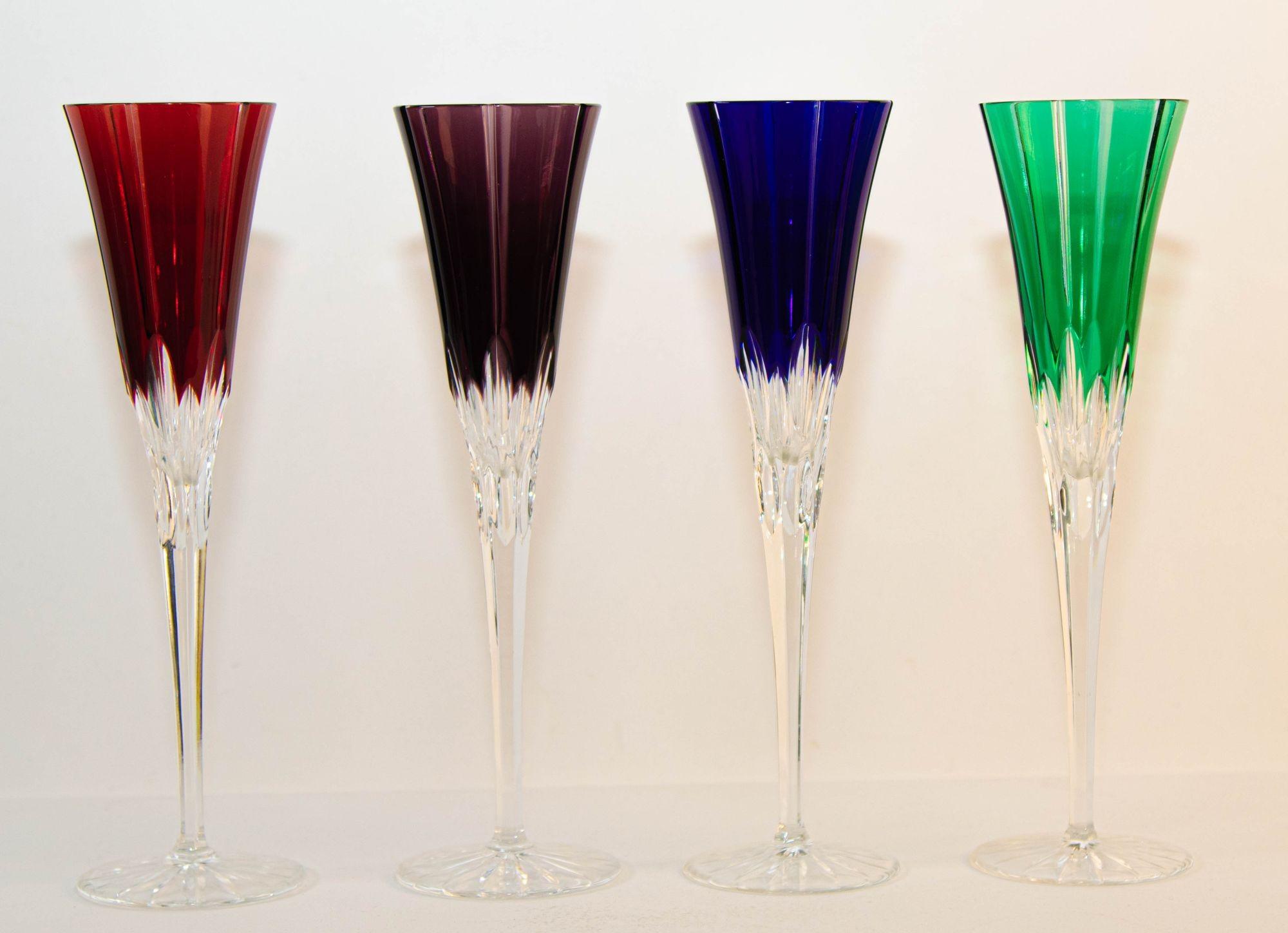 Crystal Champagne Flutes Hand blown and Hand-Cut Colored Glass Set of 4 13