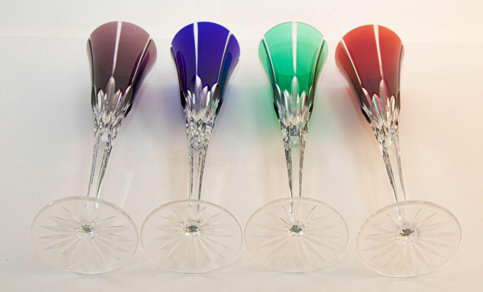 French Crystal Champagne Flutes Hand blown and Hand-Cut Colored Glass Set of 4