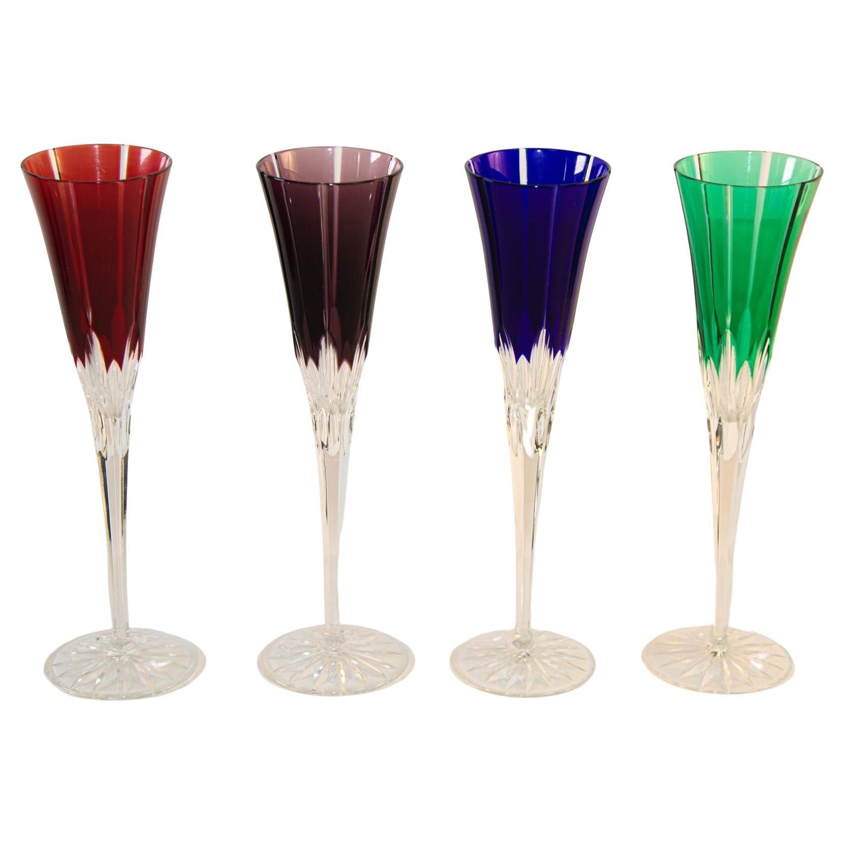 Crystal Champagne Flutes Hand blown and Hand-Cut Colored Glass Set of 4