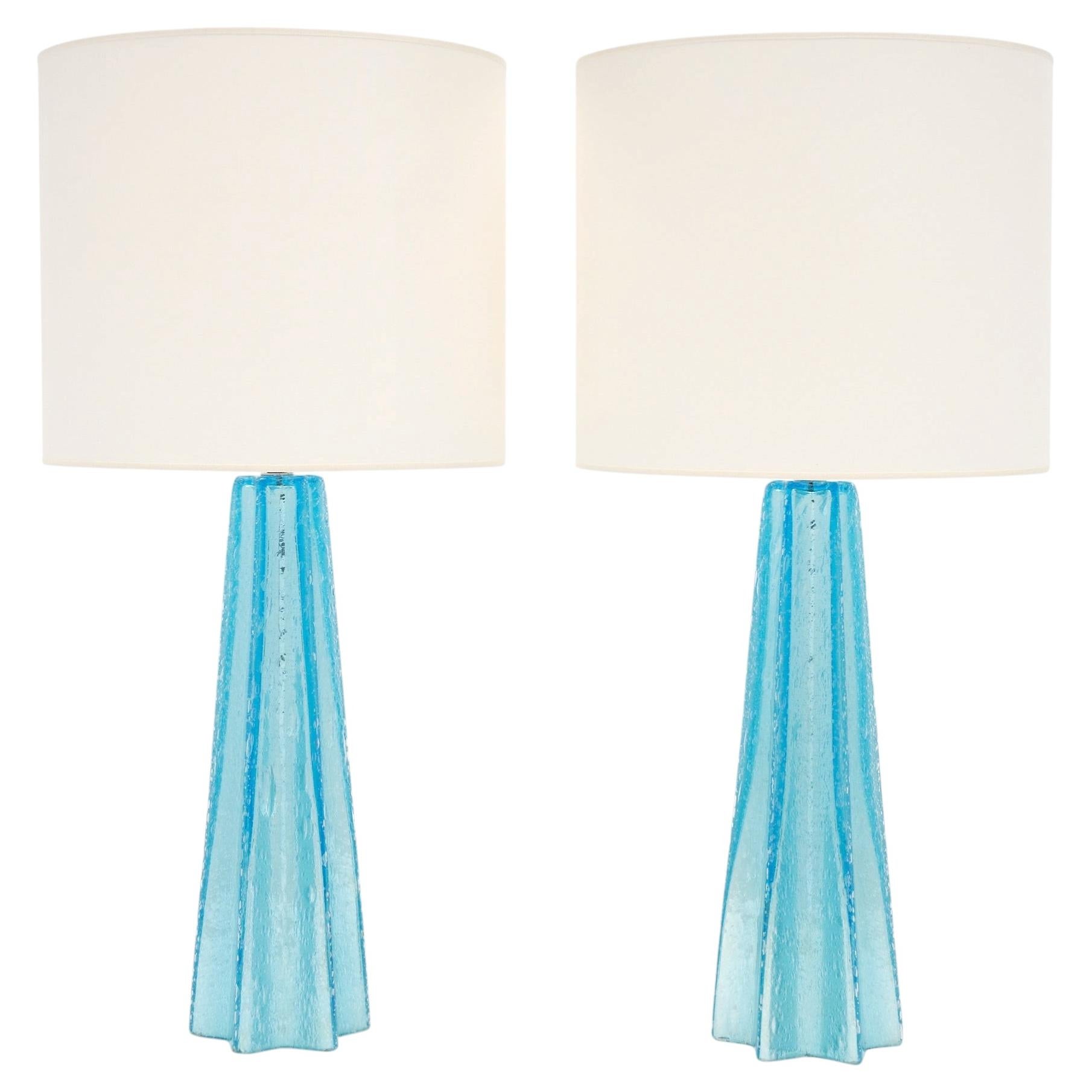 Hand Blown Aqua Murano Pulegoso Glass Table Lamps, Modern Design