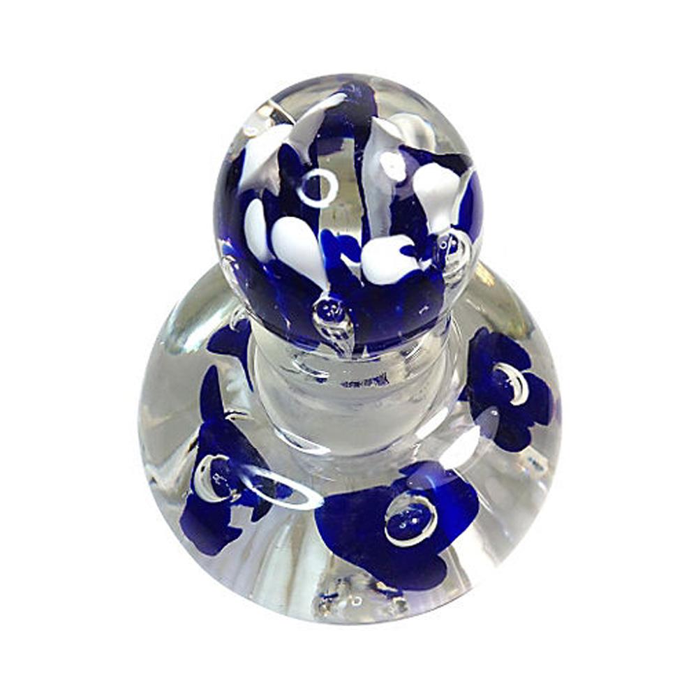 This is a hand blown Art Deco style glass perfume bottle with stopper. The heavy clear art glass bottle has blue and white lily flowers and controlled large bubbles. We believe this well-proportioned bottle is by glass blower Joe Rice of St. Clair