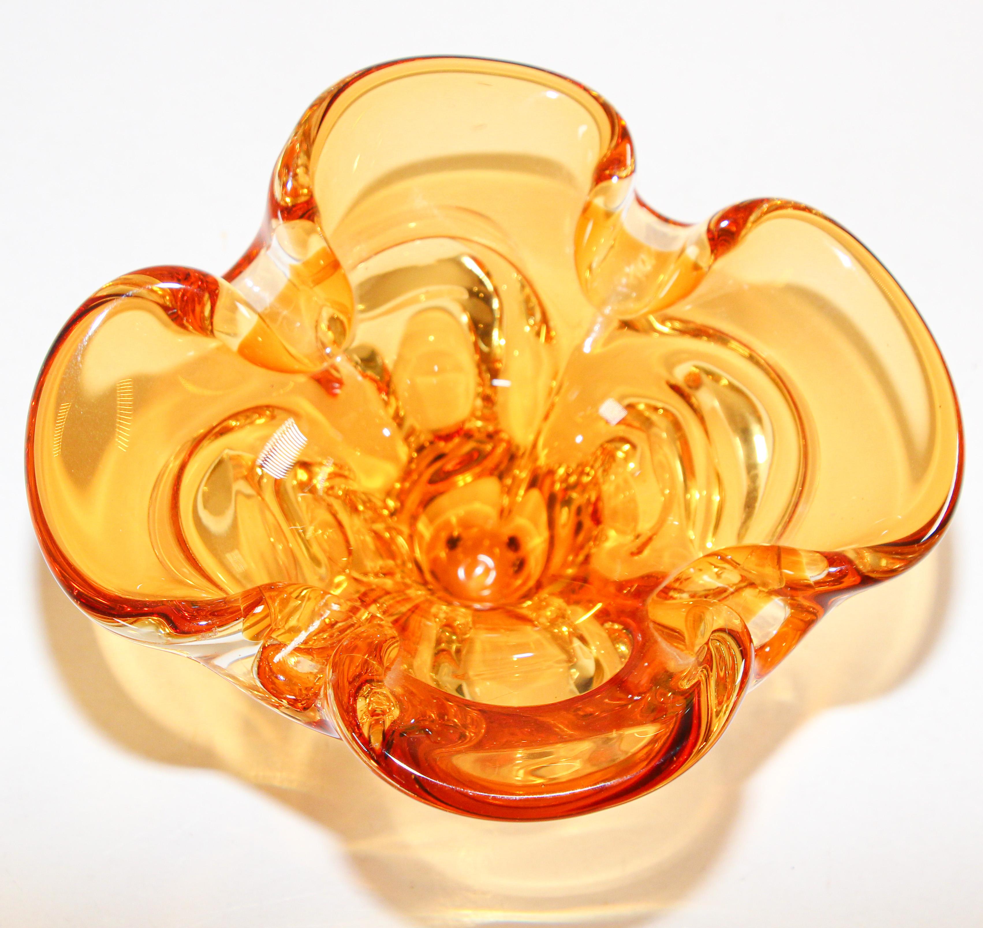 Bohemian Hand Blown Art Glass Bowl Amber and Gold