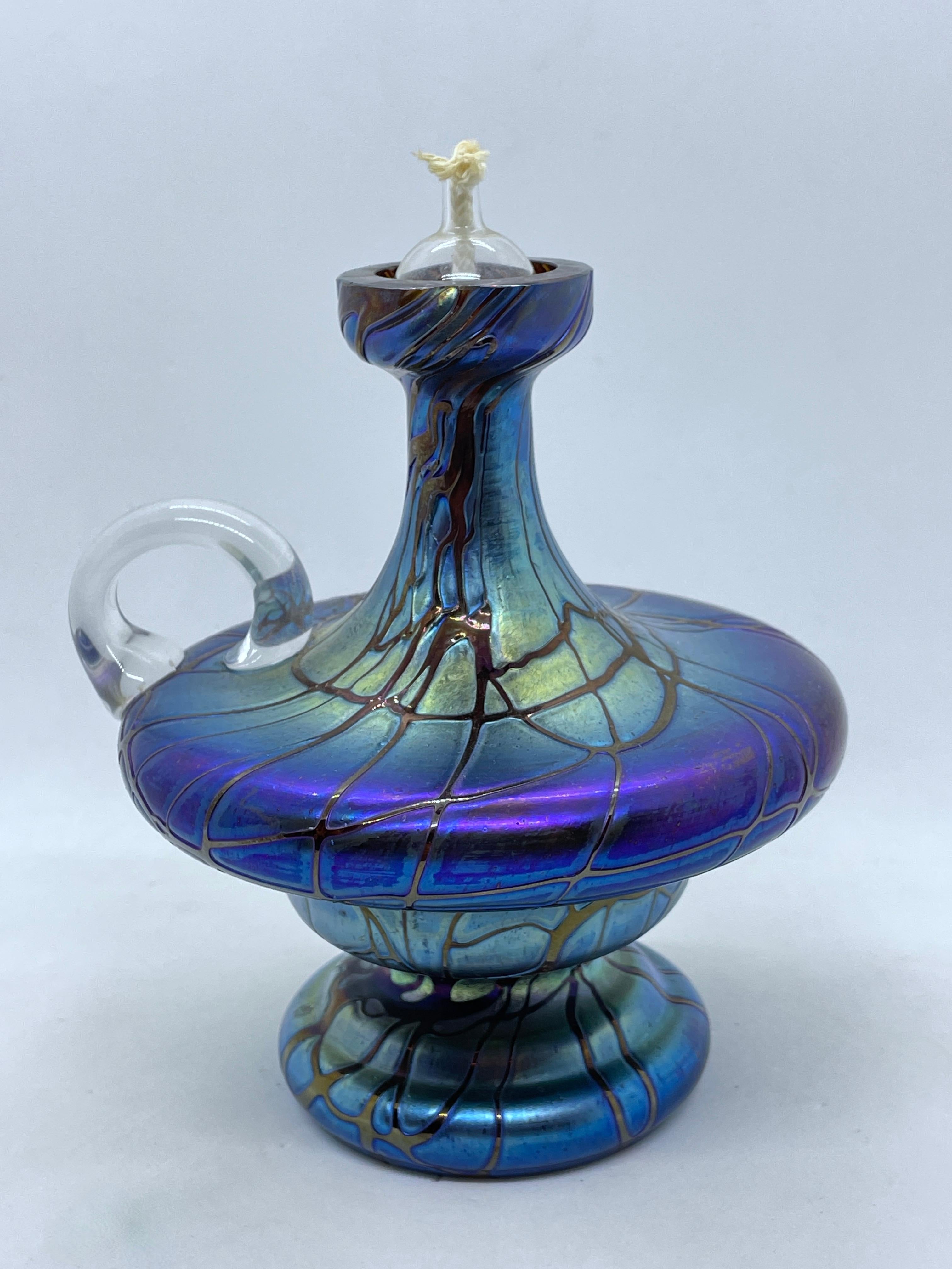Modern Hand Blown Art Glass Oil Lamp in the Style of Loetz, Germany, 1970s For Sale