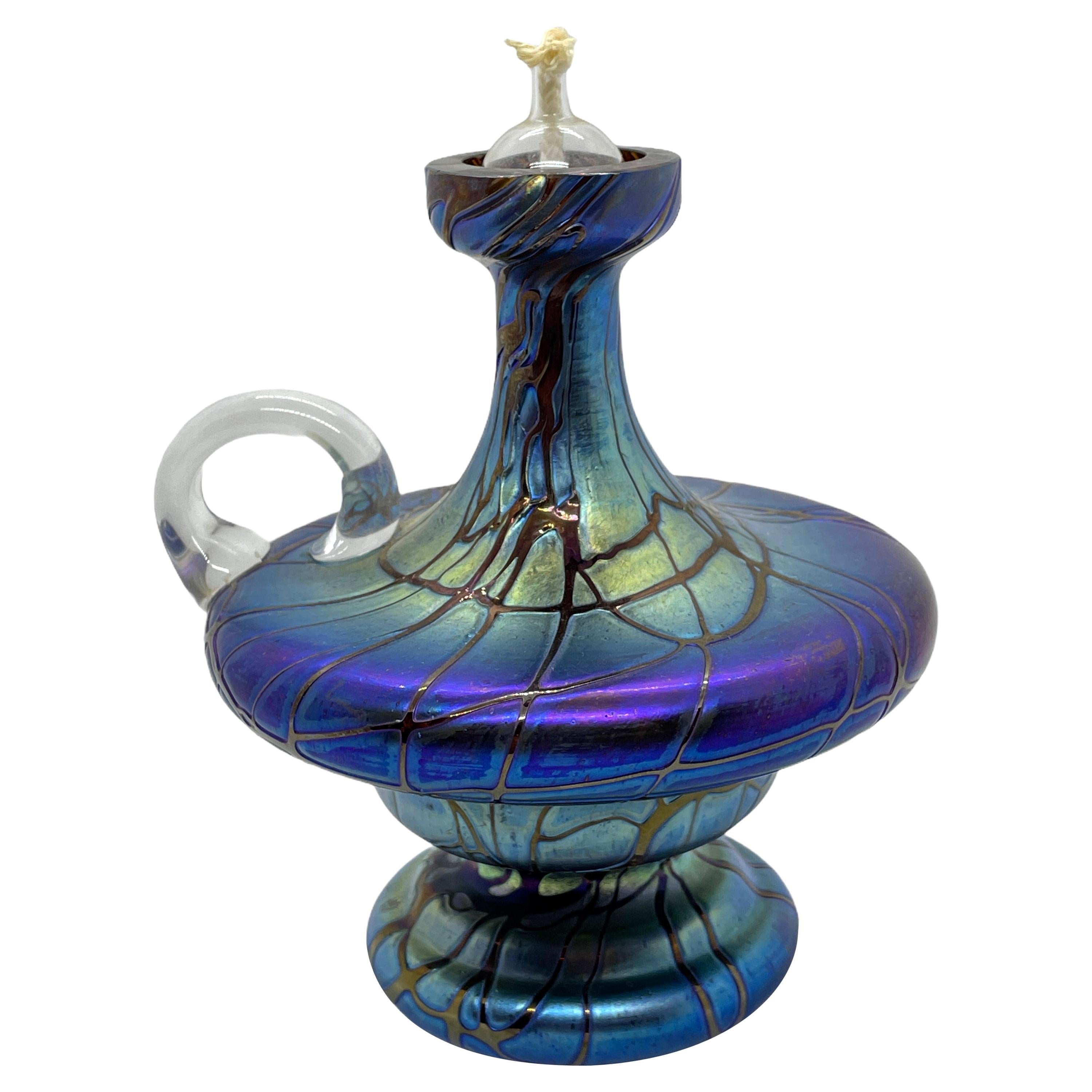 Hand Blown Art Glass Oil Lamp in the Style of Loetz, Germany, 1970s For Sale