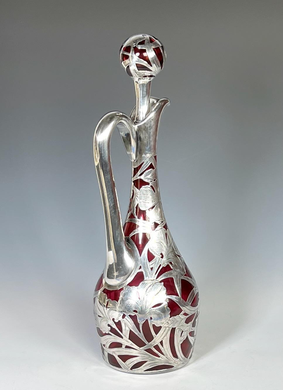 American Hand Blown Art Nouveau Silver Overlay Cranberry Red Crystal Decanter Claret For Sale