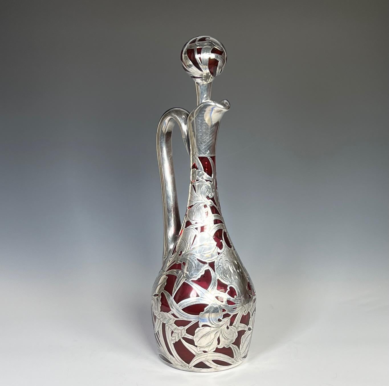 Silvered Hand Blown Art Nouveau Silver Overlay Cranberry Red Crystal Decanter Claret For Sale