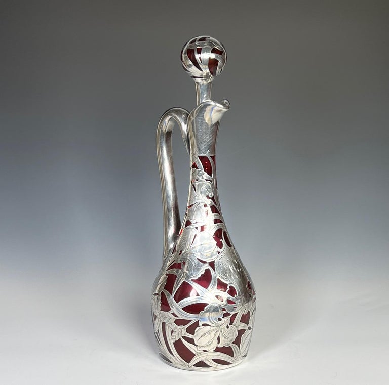 Hand Blown Art Nouveau Silver Overlay Cranberry Red Crystal Decanter Claret In Good Condition For Sale In Great Barrington, MA