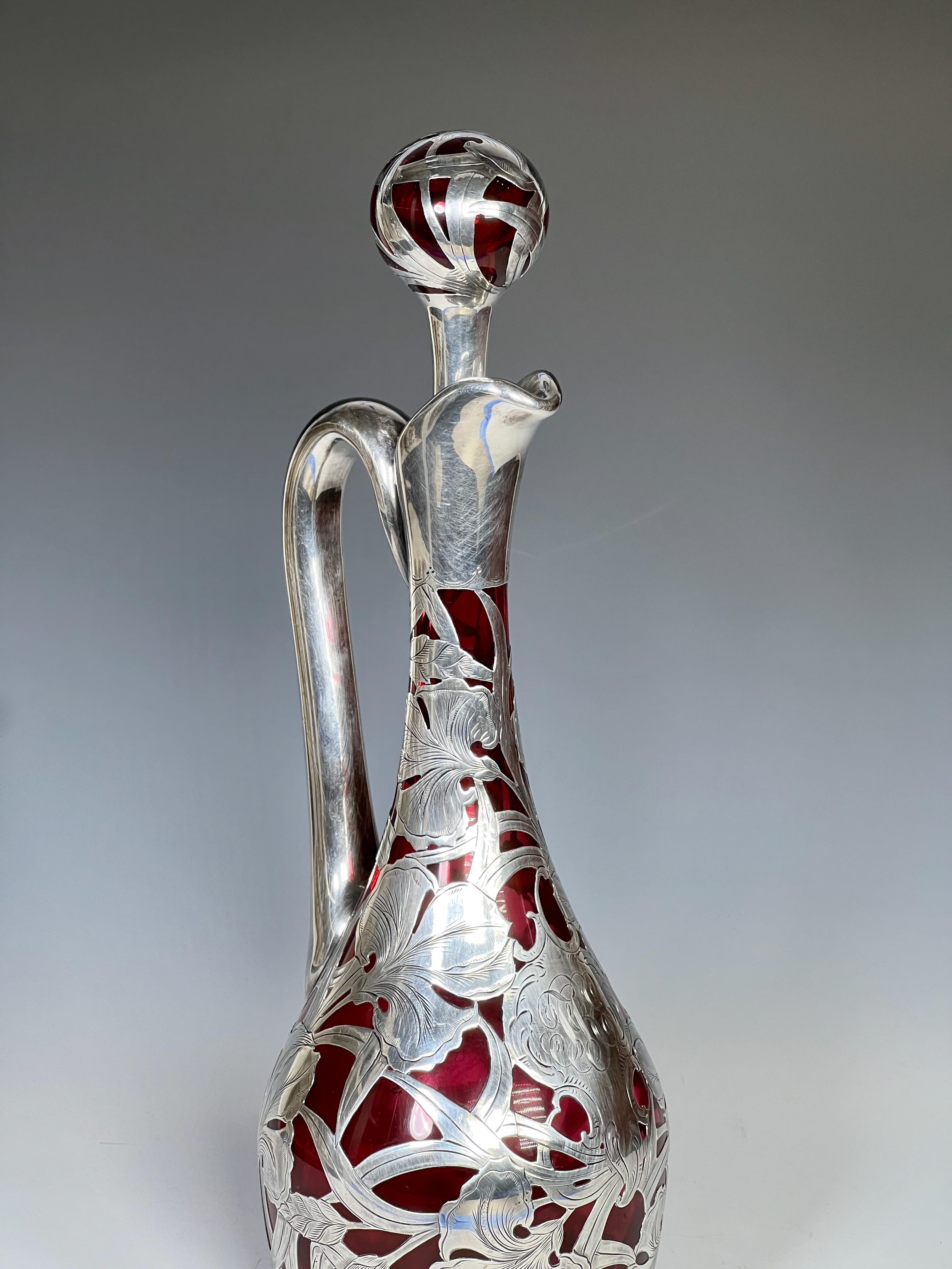 Hand Blown Art Nouveau Silver Overlay Cranberry Red Crystal Decanter Claret For Sale 1