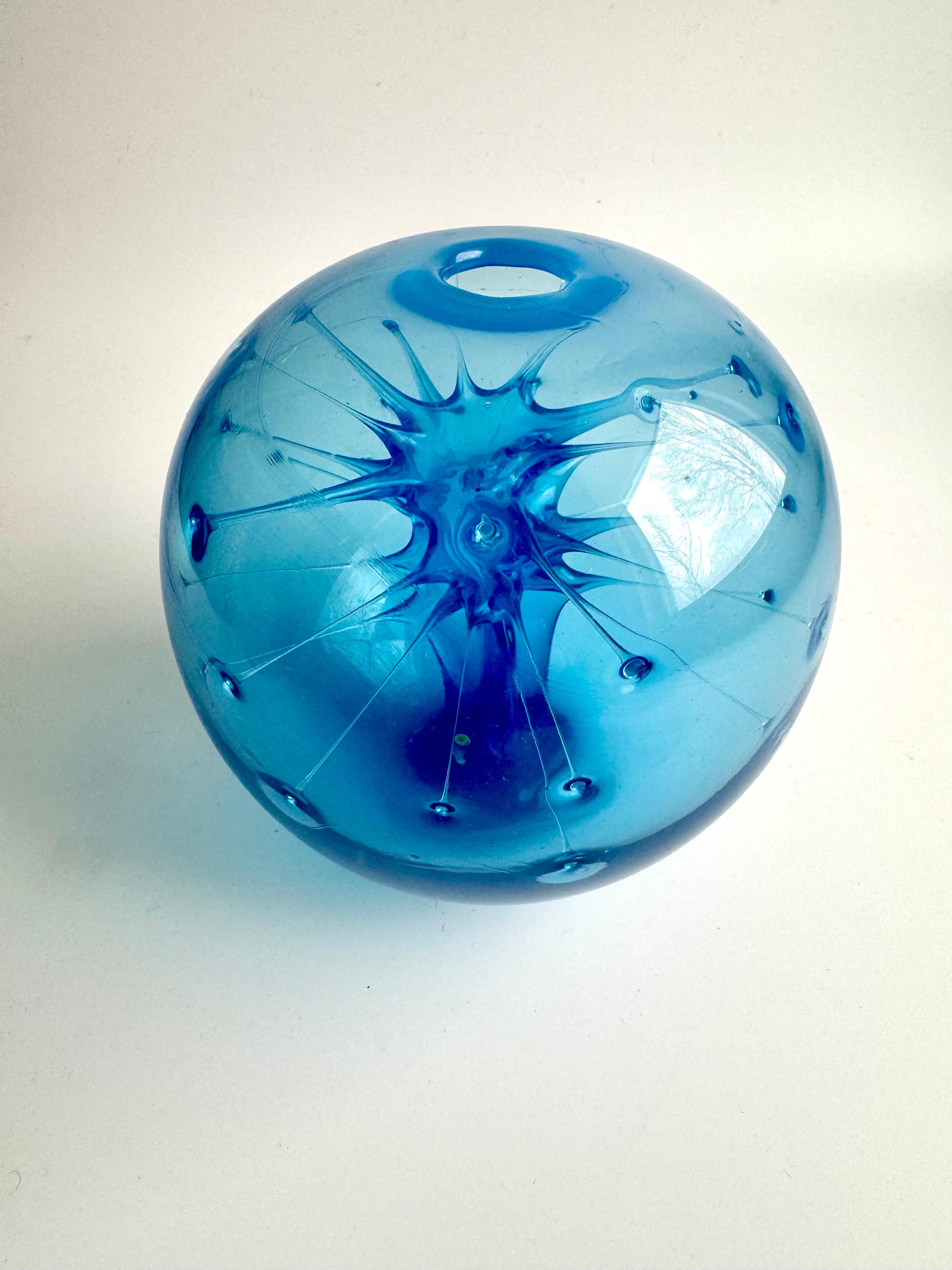 Unique small hand blown art glass decorative piece in striking blue color, signed P. Stanley 83’ 
It reminds me of a sea creature in the inside, it’s a very cool piece that could be a perfect gift for any glass collector 
About 5” diam x 5.5” H 