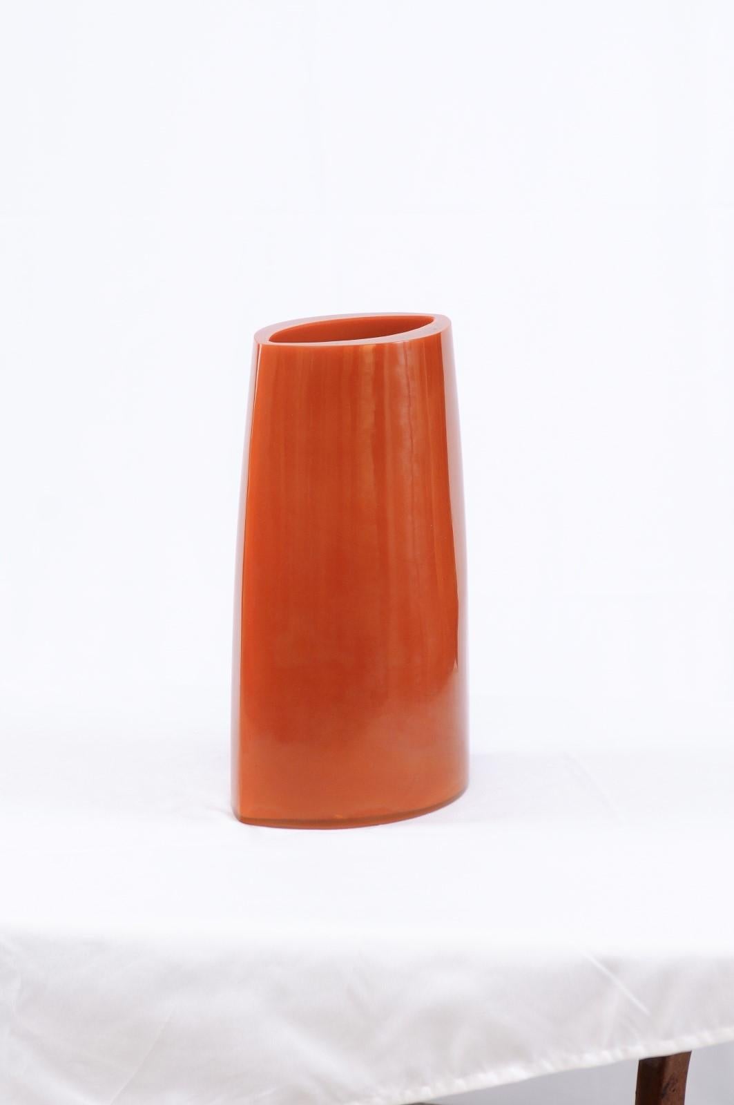 A beautiful bright orange Peking glass vase by Robert Kuo, 13.7