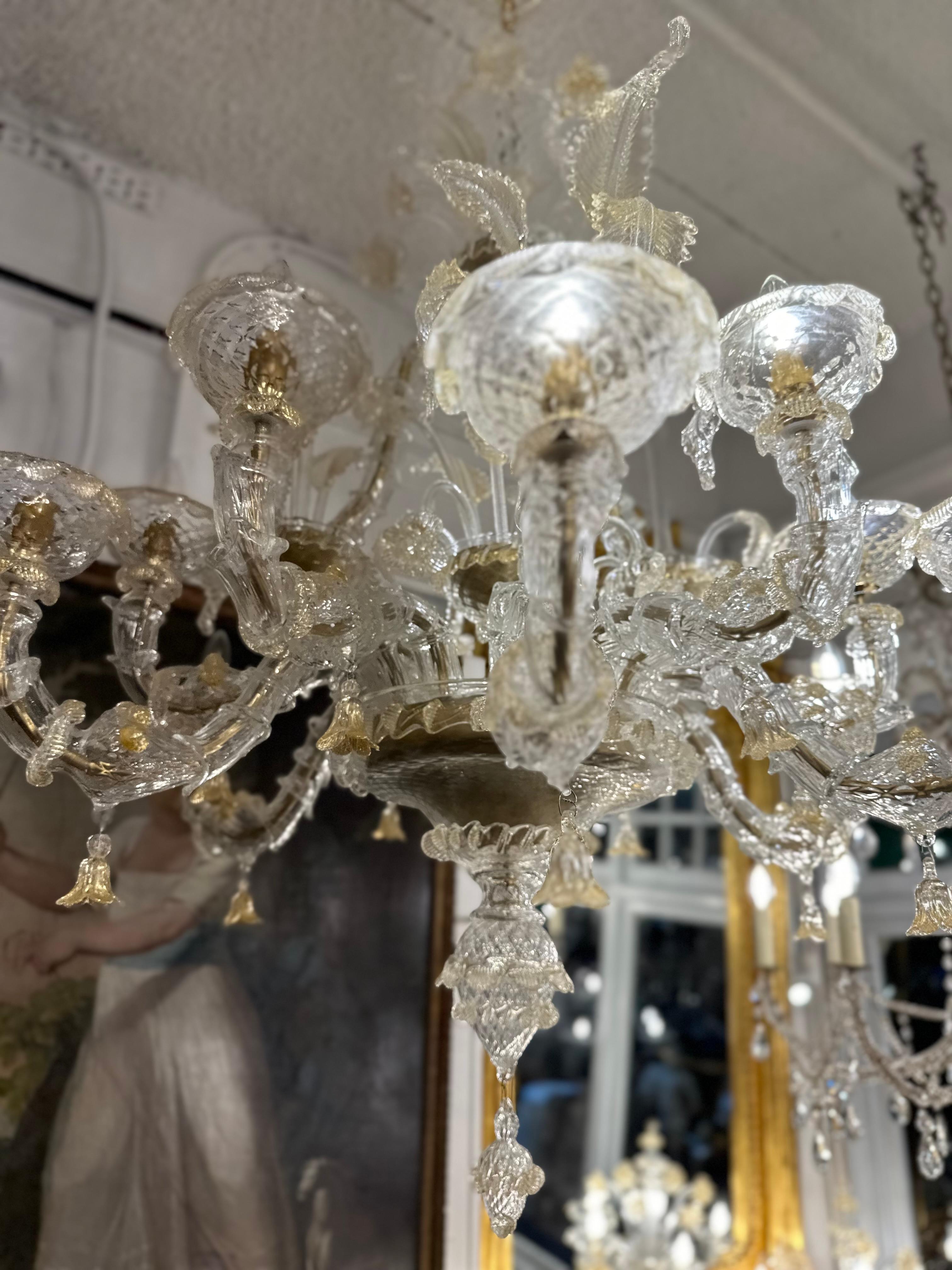 Rococo Hand Blown Clear And Gold Murano Glass Chandelier For Sale