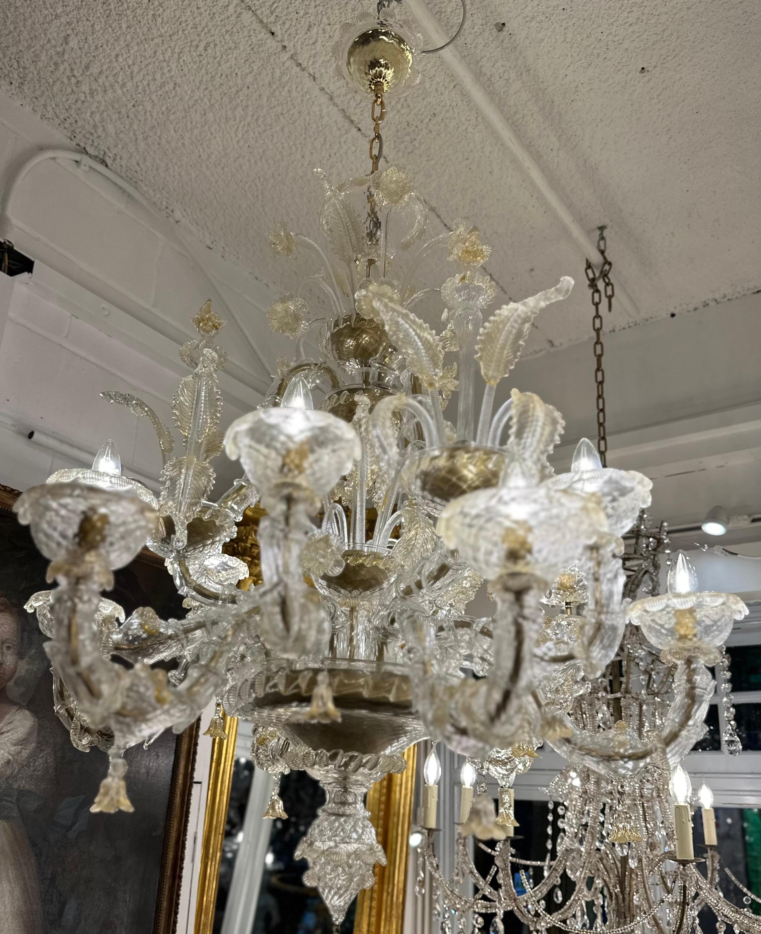 Italian Hand Blown Clear And Gold Murano Glass Chandelier For Sale