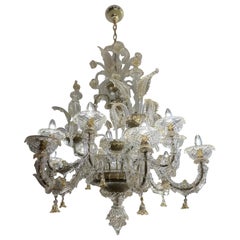 Lampadario in vetro di Murano trasparente e dorato soffiato a mano