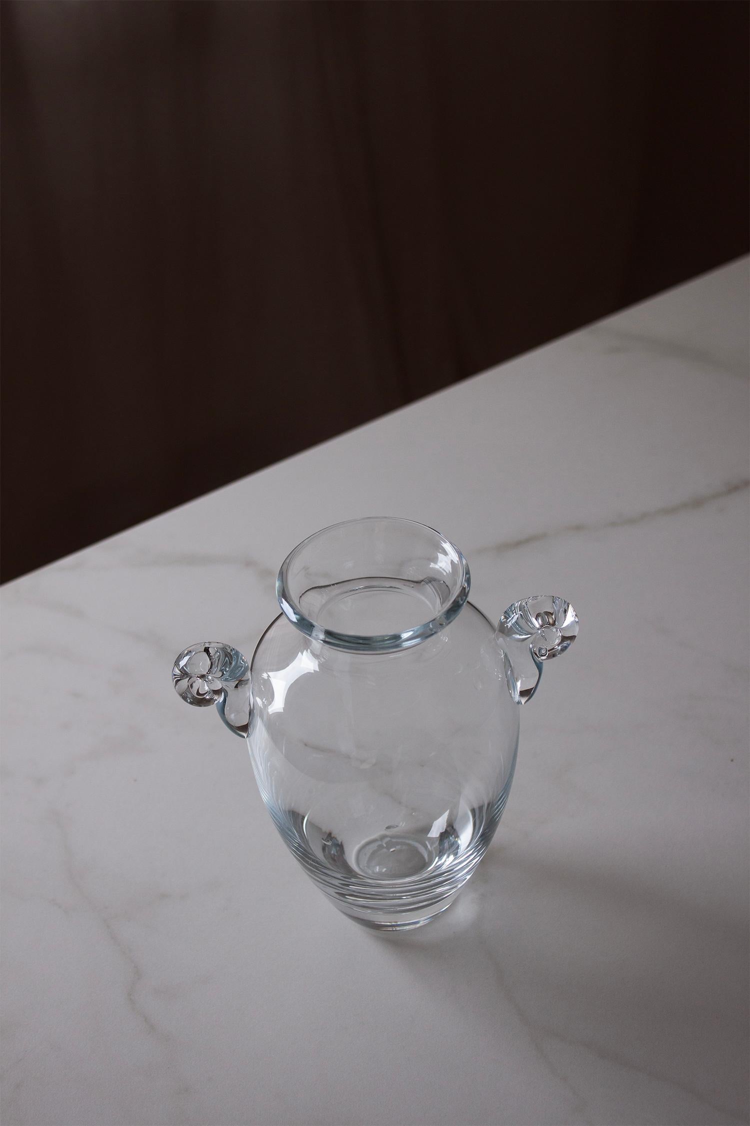 Modern Hand-Blown Clear Glass Amphora Vase with Scroll Handles For Sale