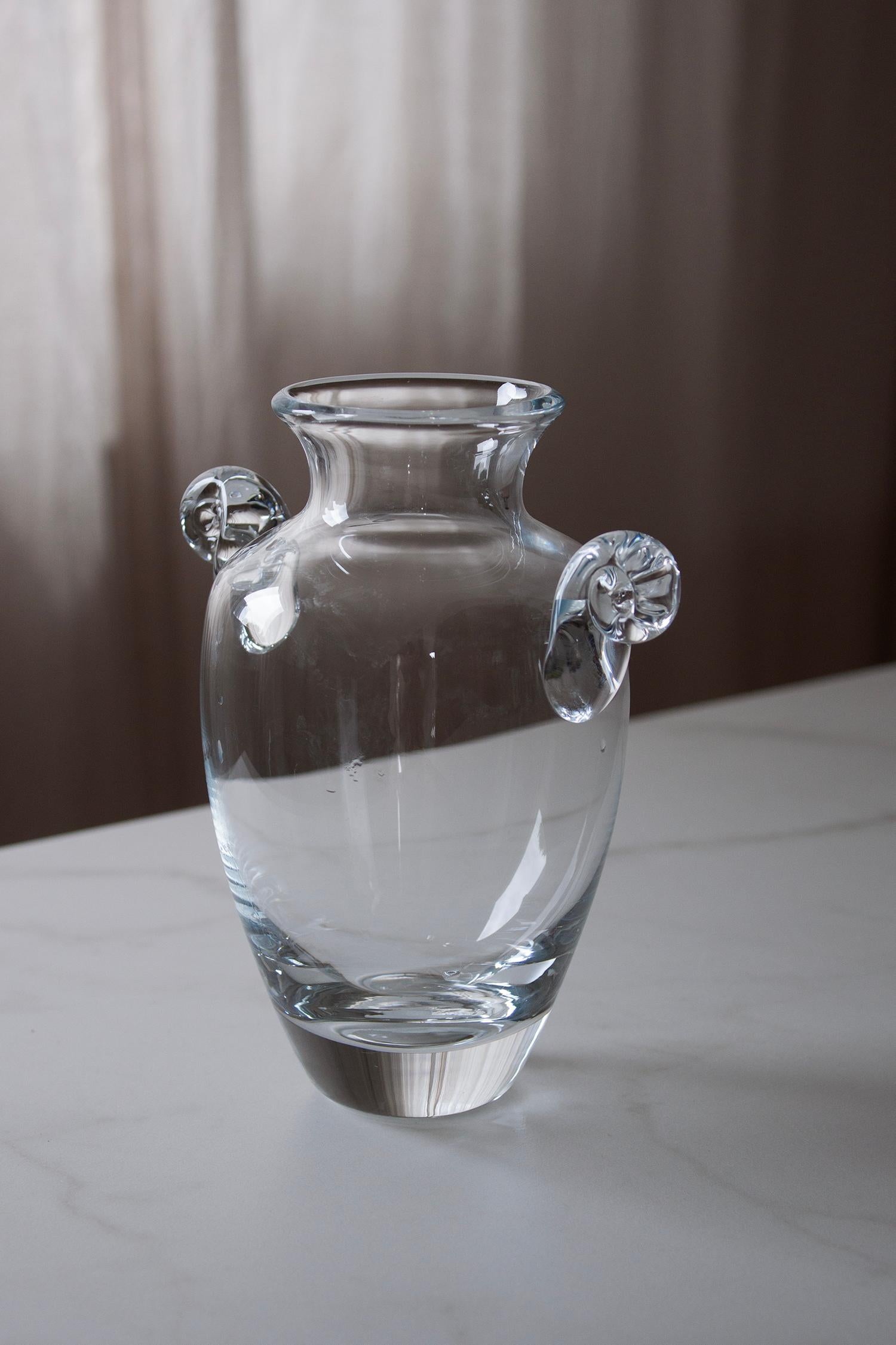 German Hand-Blown Clear Glass Amphora Vase with Scroll Handles For Sale