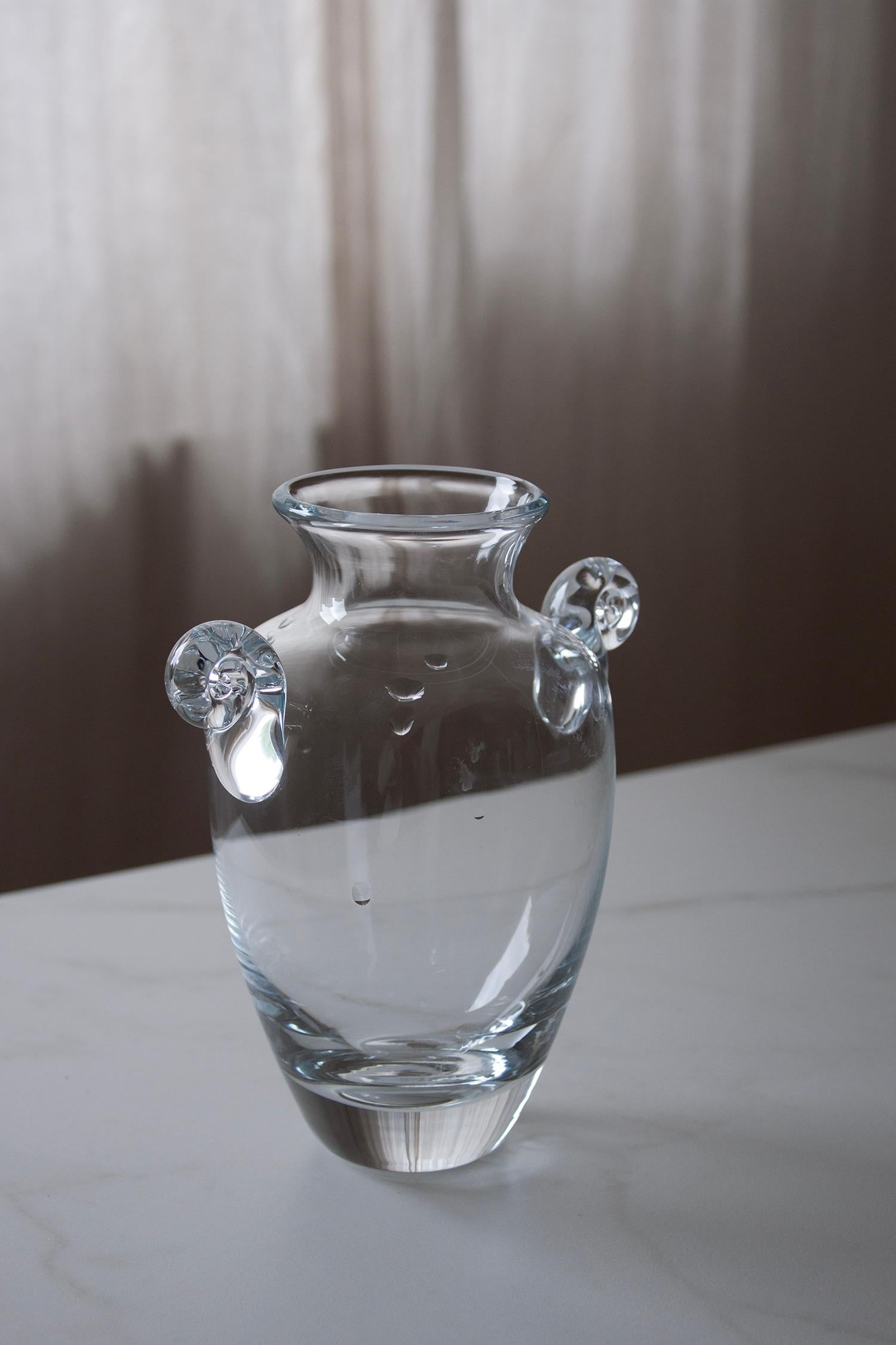Hand-Crafted Hand-Blown Clear Glass Amphora Vase with Scroll Handles For Sale