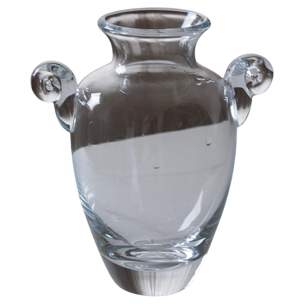 Hand-Blown Clear Glass Amphora Vase with Scroll Handles For Sale