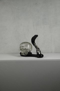 Hand-blown Clear Glass Skull & Black Snake with Silver Gilding