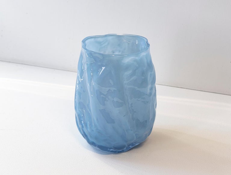 Modern Hand Blown Contemporary Small Wrinkle Blue Glass Vase by Erik Olovsson For Sale
