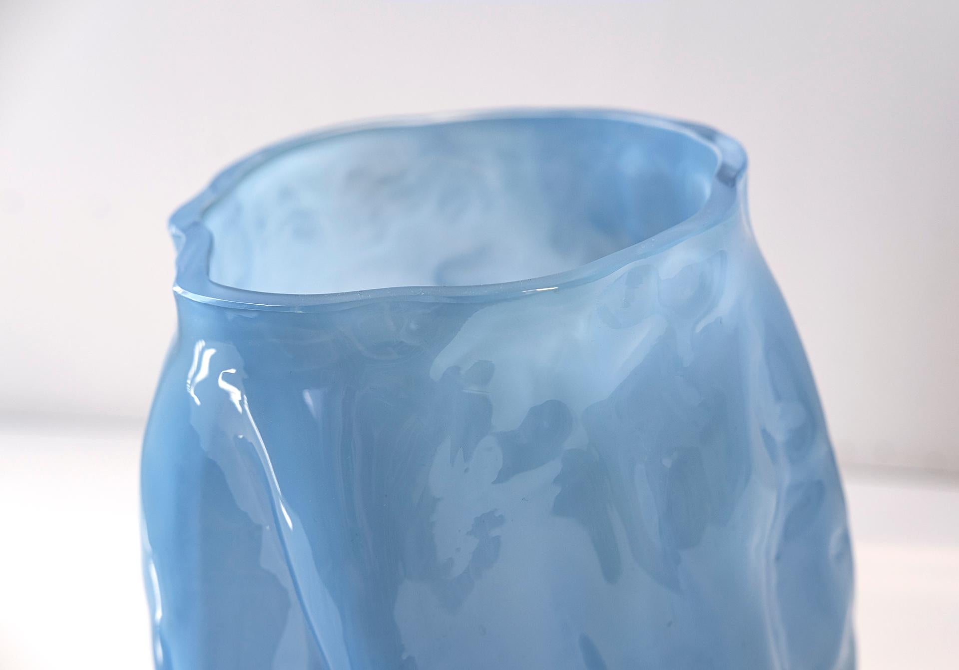 Swedish Hand Blown Contemporary Small Wrinkle Blue Glass Vase by Erik Olovsson For Sale