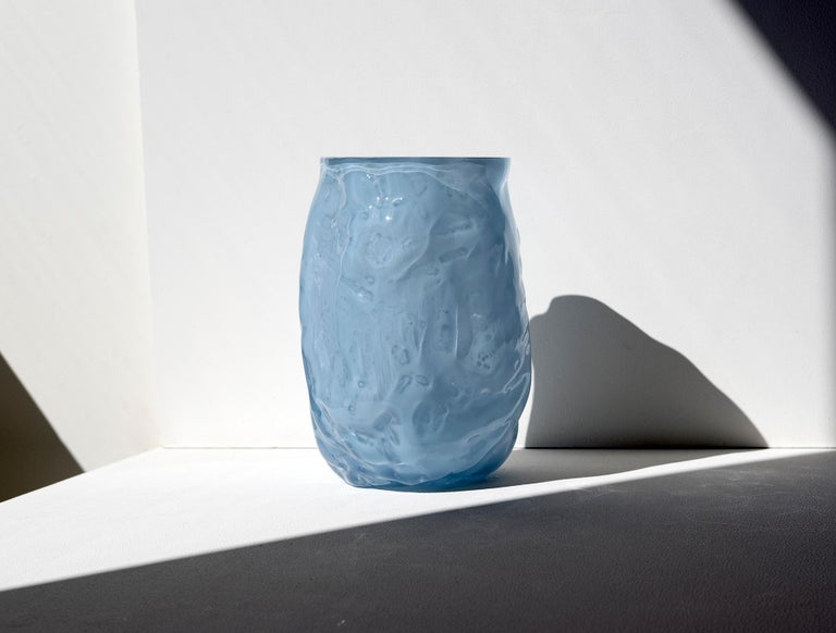 Cast Hand Blown Contemporary Small Wrinkle Blue Glass Vase by Erik Olovsson For Sale