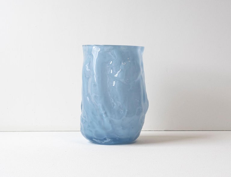 Hand Blown Contemporary Small Wrinkle Blue Glass Vase by Erik Olovsson For Sale 1