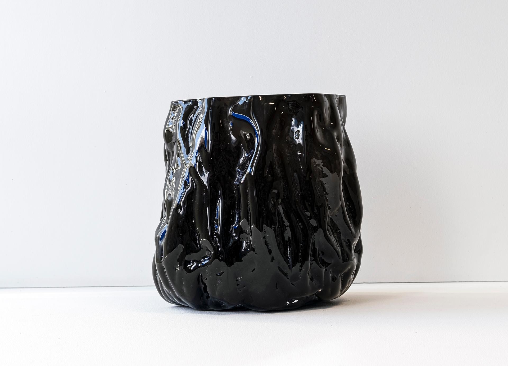 Modern Hand Blown Contemporary Wrinkle Black Glass Vase by Erik Olovsson For Sale