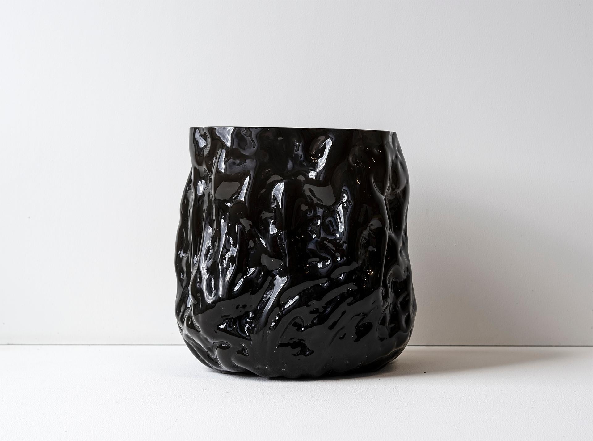 Swedish Hand Blown Contemporary Wrinkle Black Glass Vase by Erik Olovsson For Sale