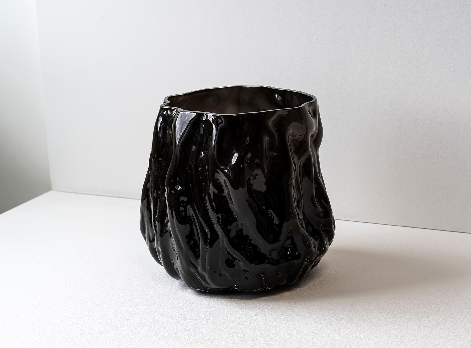 Cast Hand Blown Contemporary Wrinkle Black Glass Vase by Erik Olovsson For Sale