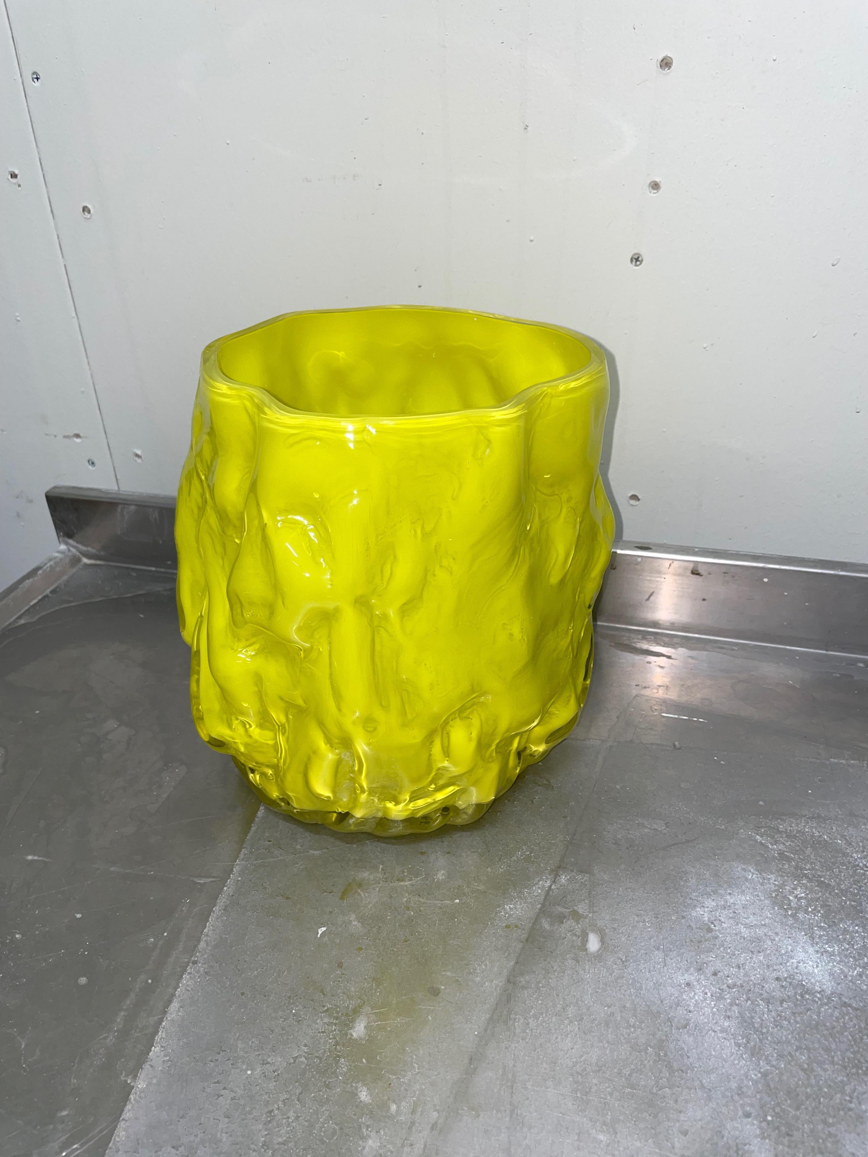 Hand Blown Contemporary Wrinkle Neon Yellow Glass Vase by Erik Olovsson For Sale 4