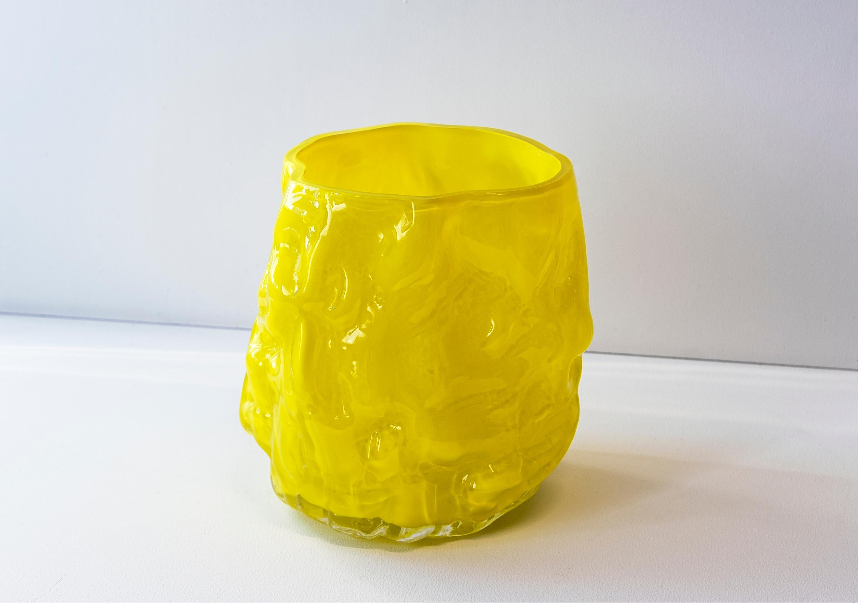 Modern Hand Blown Contemporary Wrinkle Neon Yellow Glass Vase by Erik Olovsson For Sale