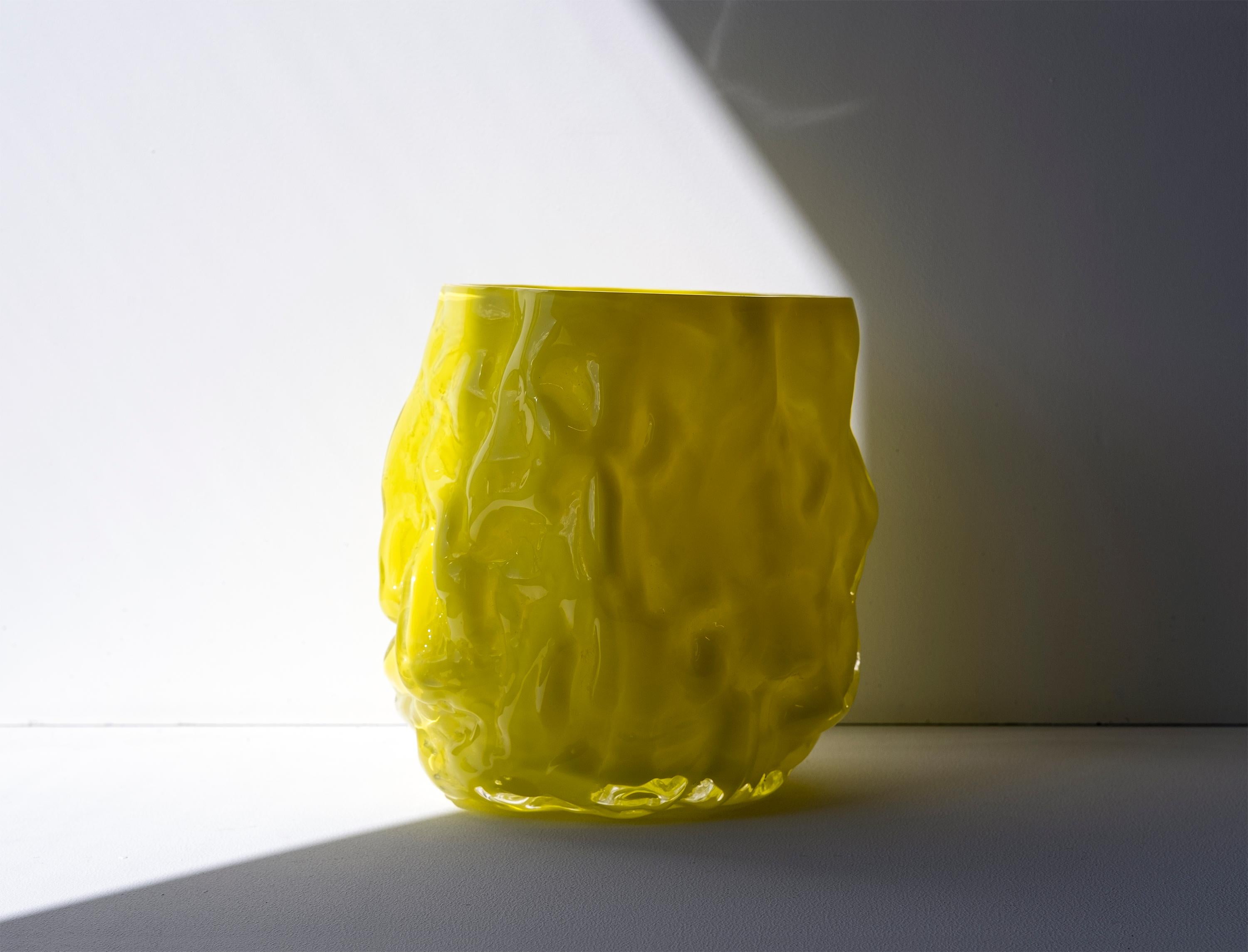 Swedish Hand Blown Contemporary Wrinkle Neon Yellow Glass Vase by Erik Olovsson For Sale