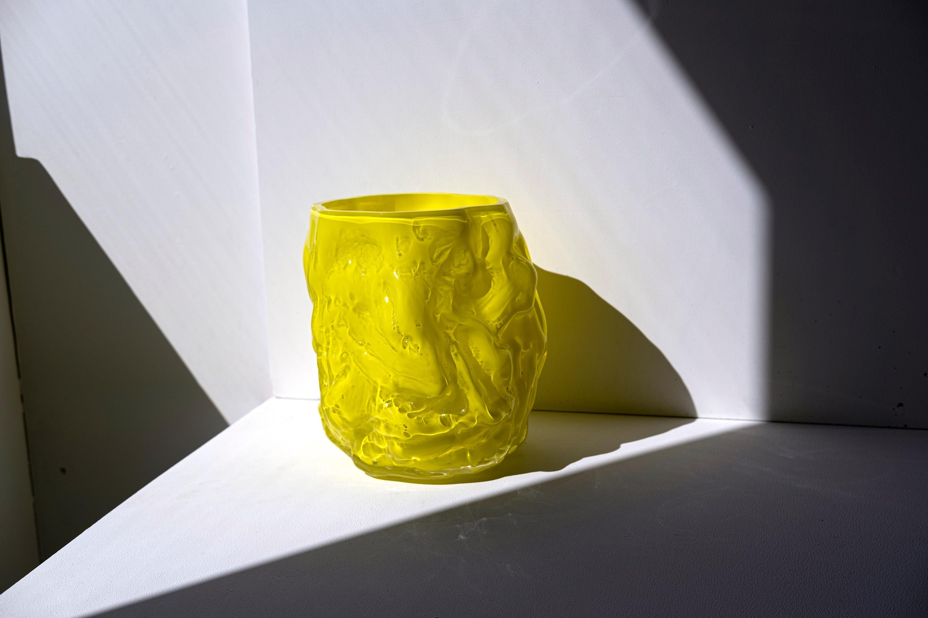 Hand Blown Contemporary Wrinkle Neon Yellow Glass Vase by Erik Olovsson In New Condition For Sale In Stockholm, SE
