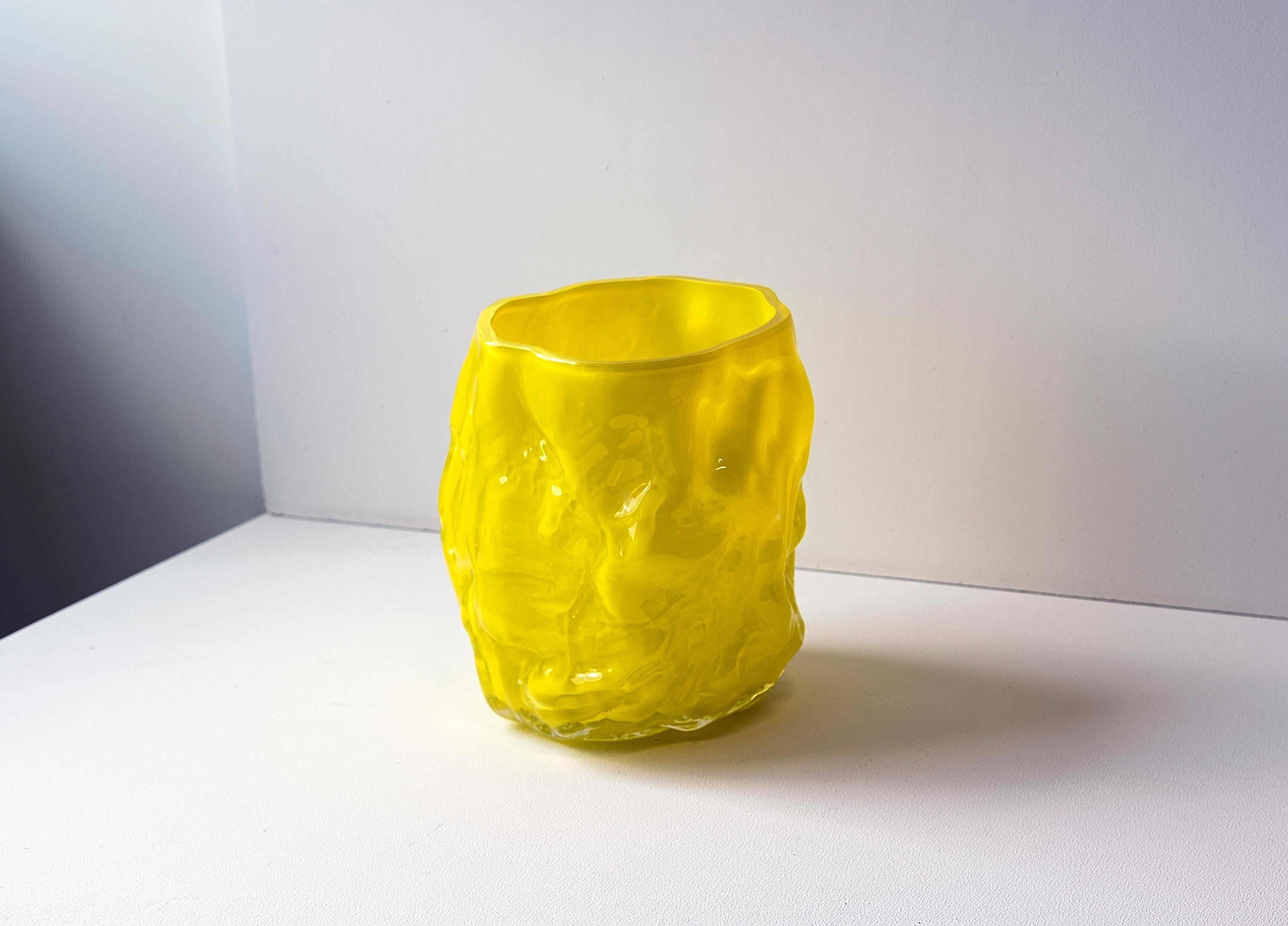 Hand Blown Contemporary Wrinkle Neon Yellow Glass Vase by Erik Olovsson For Sale 1