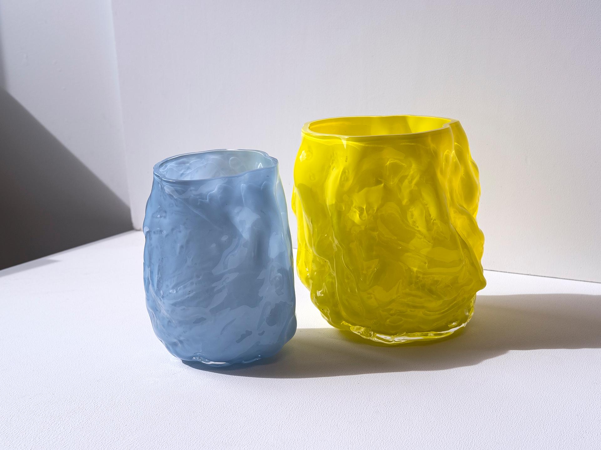 Hand Blown Contemporary Wrinkle Neon Yellow Glass Vase by Erik Olovsson For Sale 3