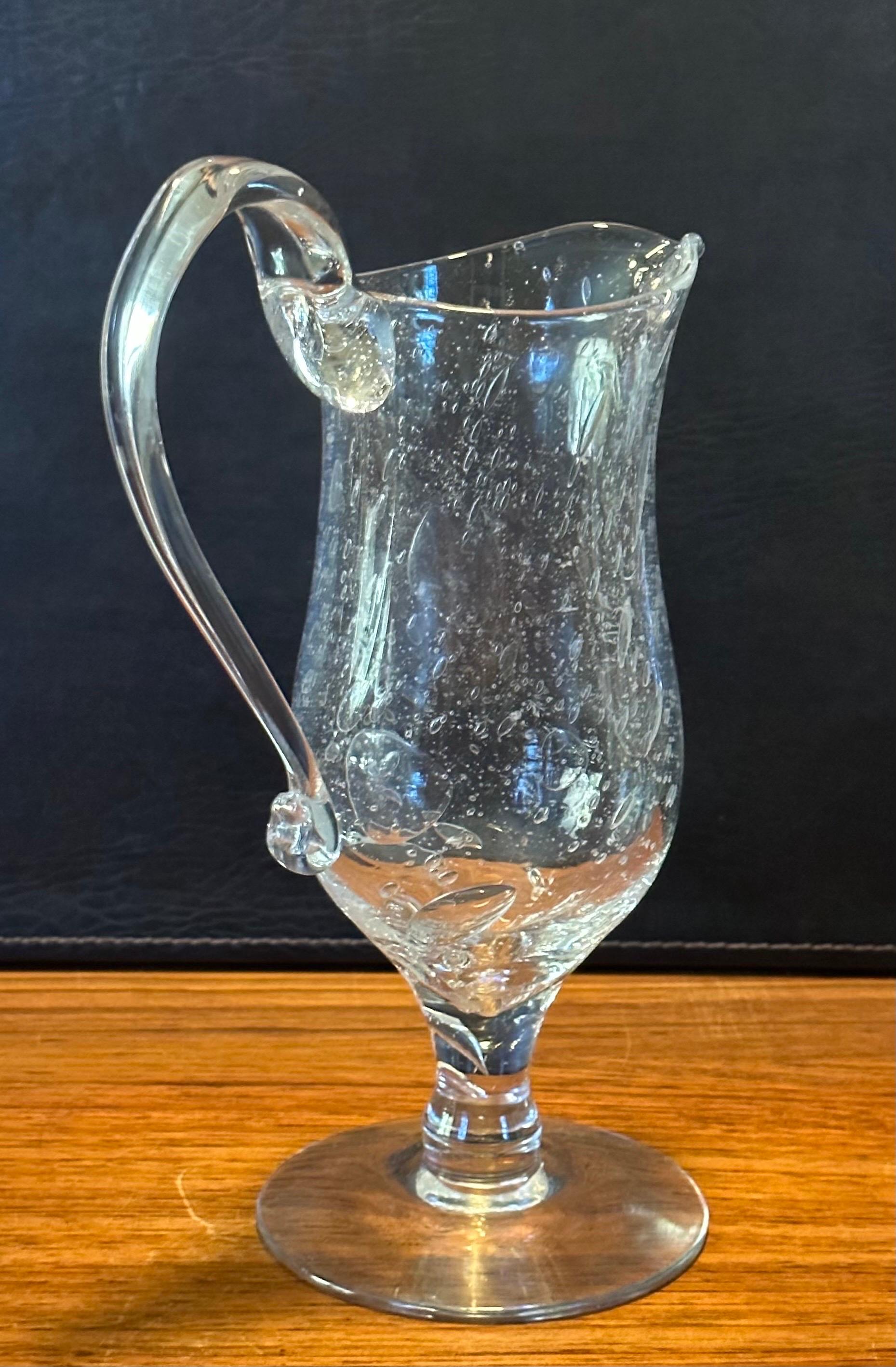 Hand Blown Crackled Clear Glass Ewer / Pitcher by Blenko Glass In Good Condition For Sale In San Diego, CA