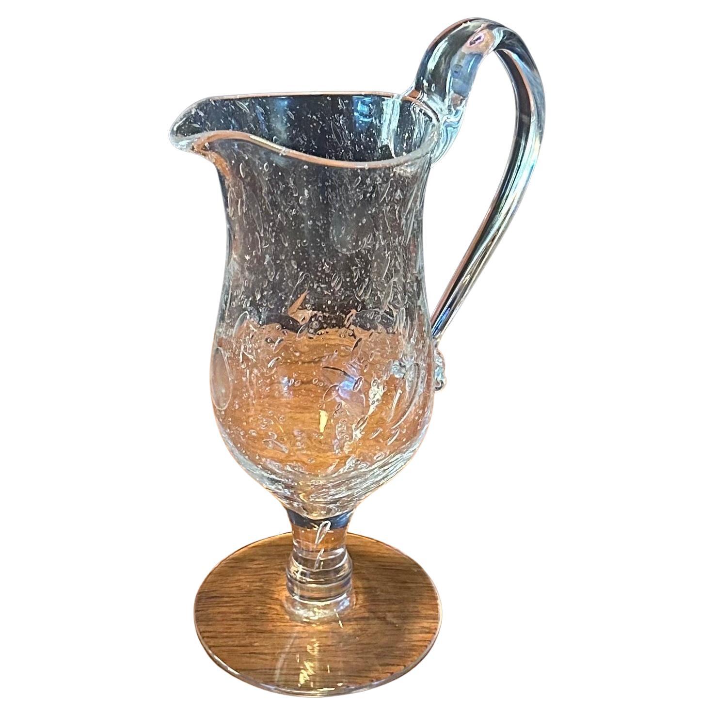 Hand Blown Crackled Clear Glass Ewer / Pitcher by Blenko Glass For Sale