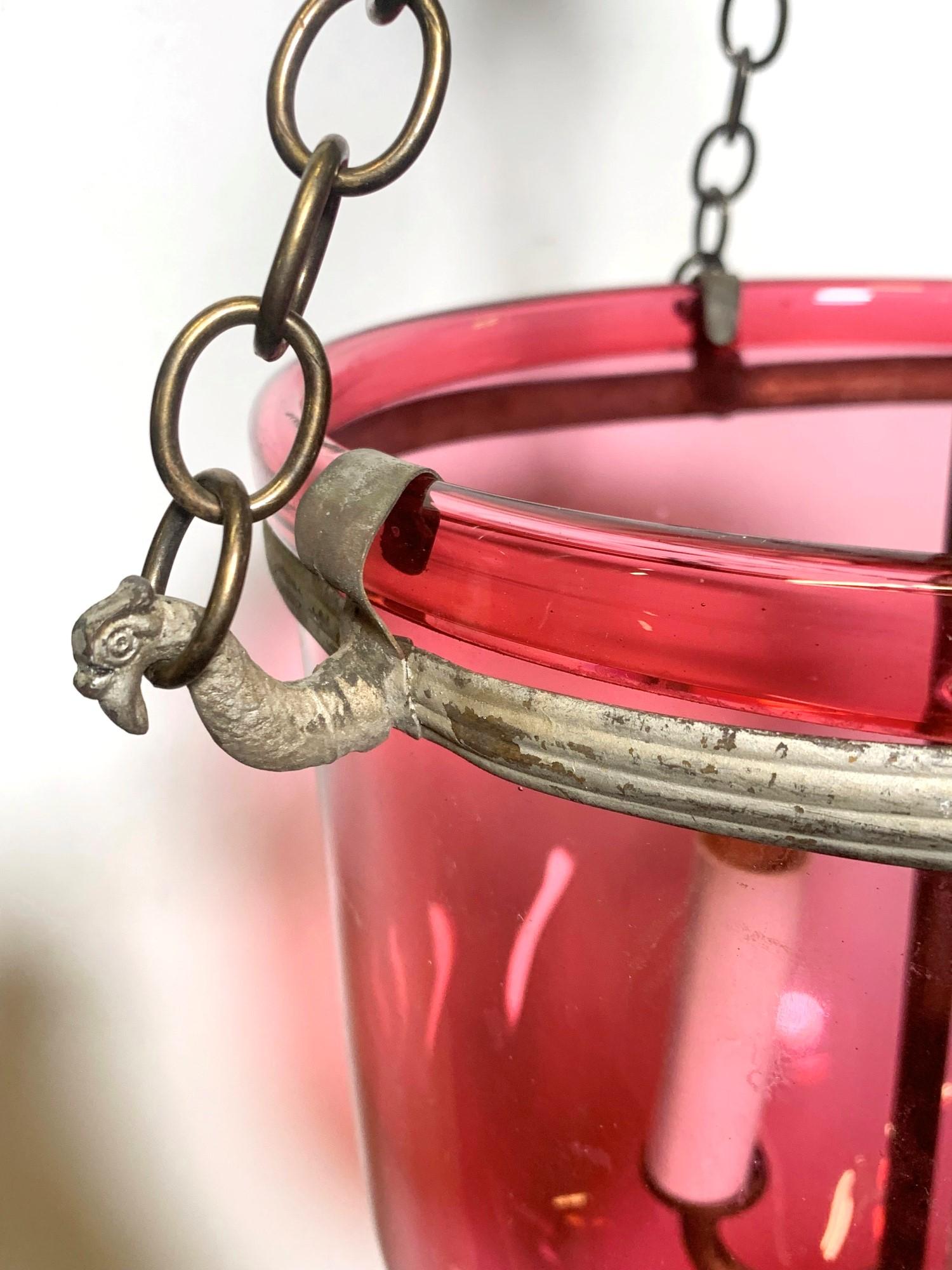 Industrial Hand Blown Cranberry Red Glass Bell Jar Light Brass Finish Hardware