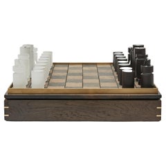 Hand Blown Crystal Glass Chess Set, 3000-5000 Year-Old Solid Bog-Oak Display Box