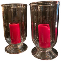 Used Hand Blown Crystal Hurricane Lantern Table Lamp Candleholder Light Design, Pair